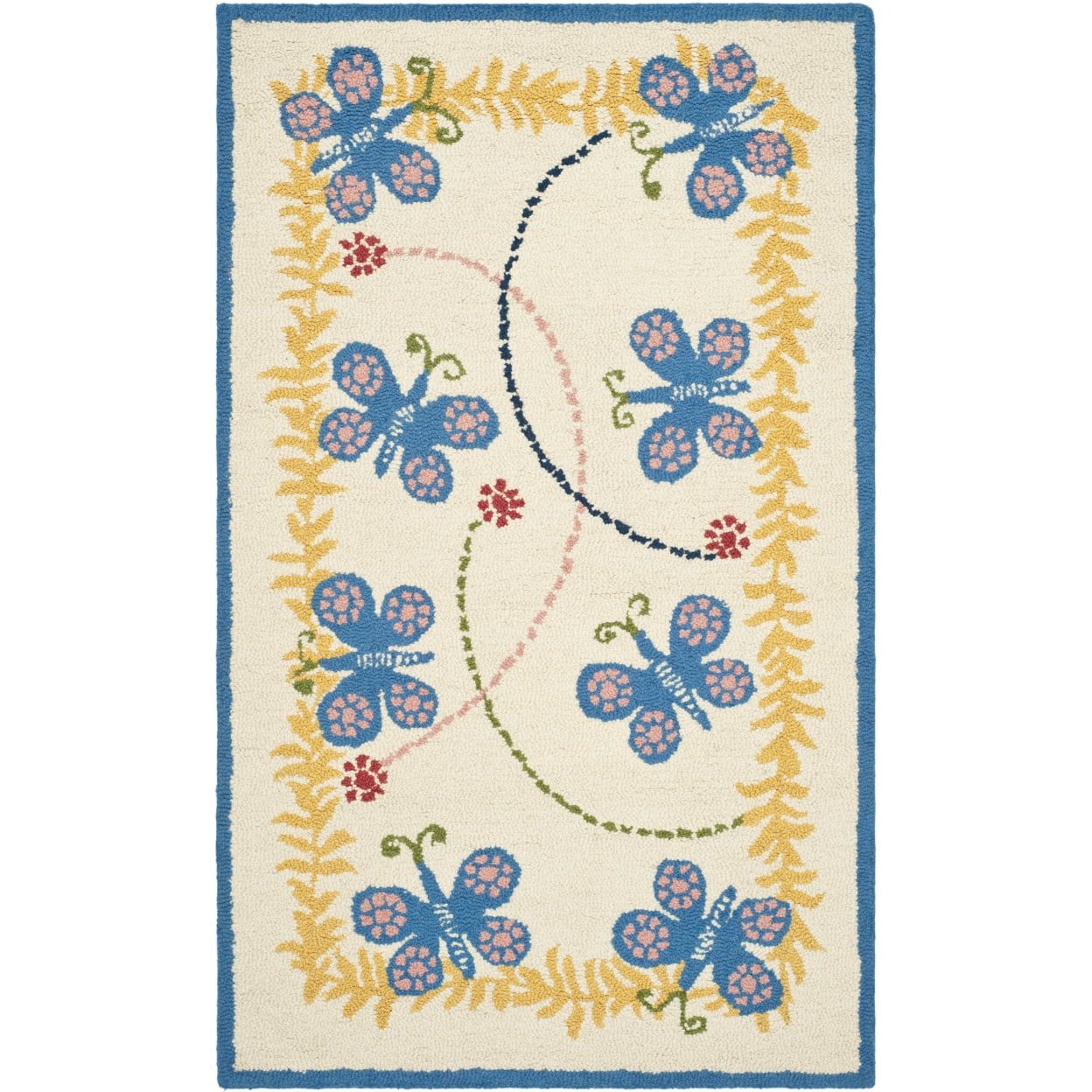 Ivory and Blue Hand-Tufted Wool Kids Butterfly Rug 4' x 6'