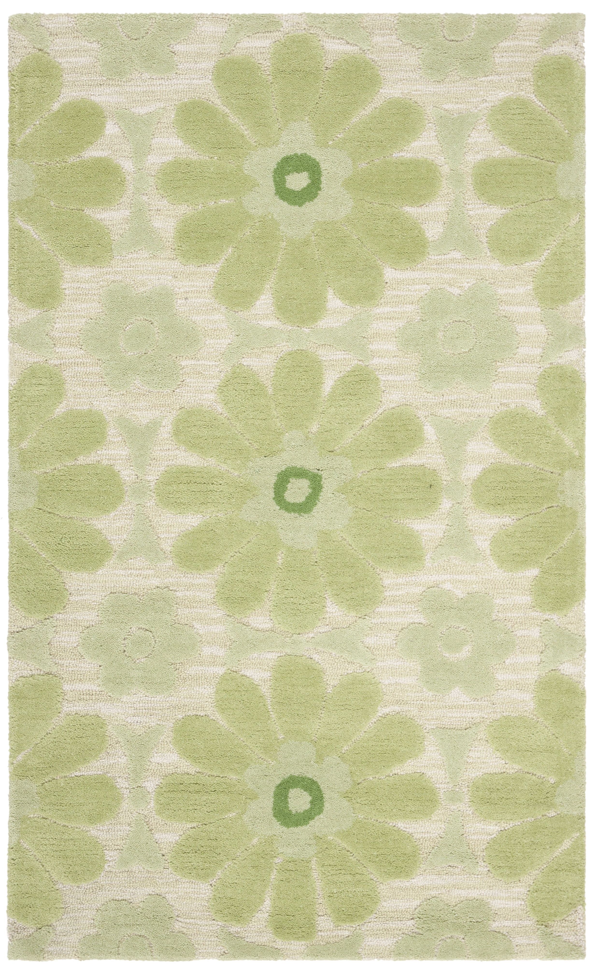 Ivory and Green Floral Handmade Wool Kids Rug