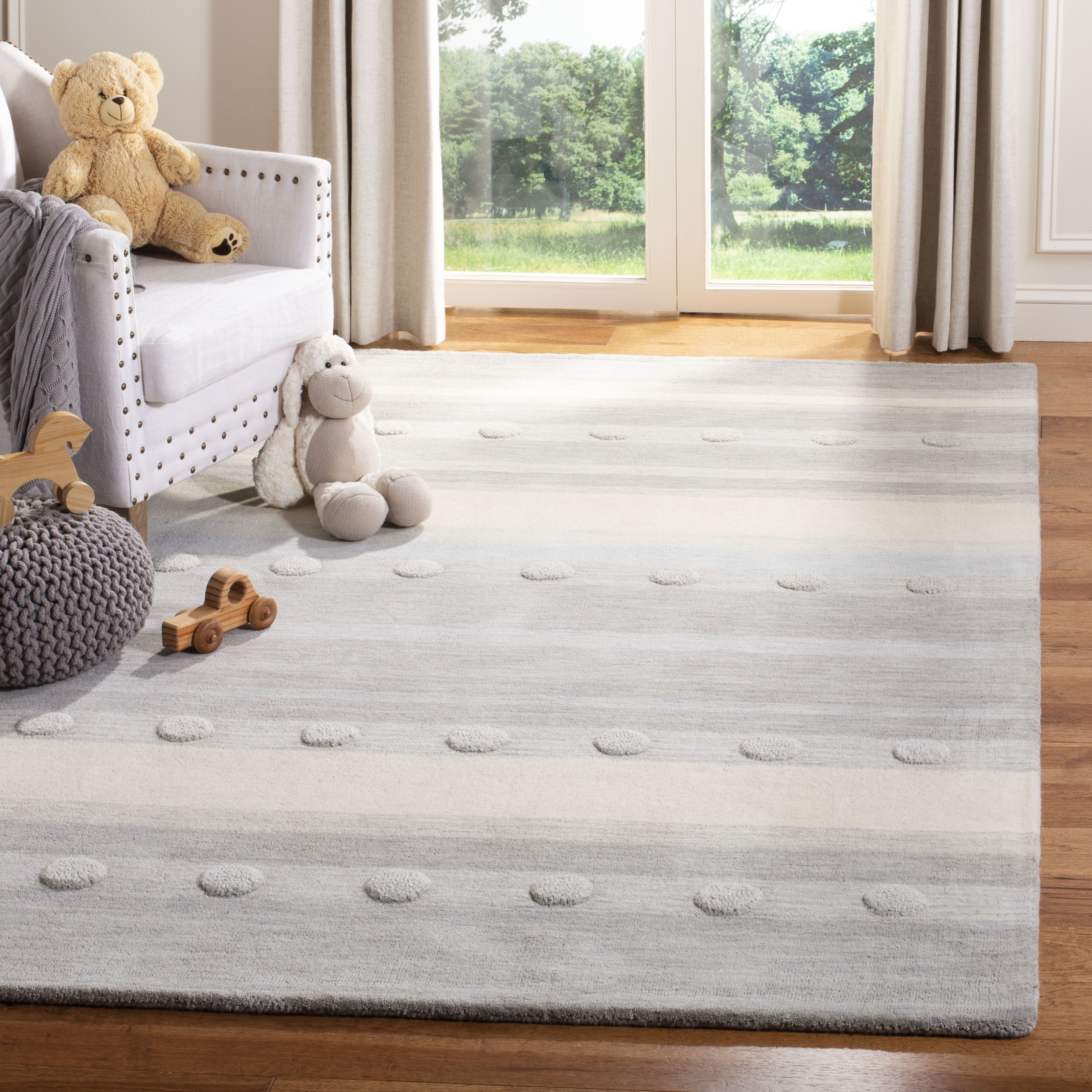 Ivory and Grey Round Hand-Tufted Wool Kids Rug