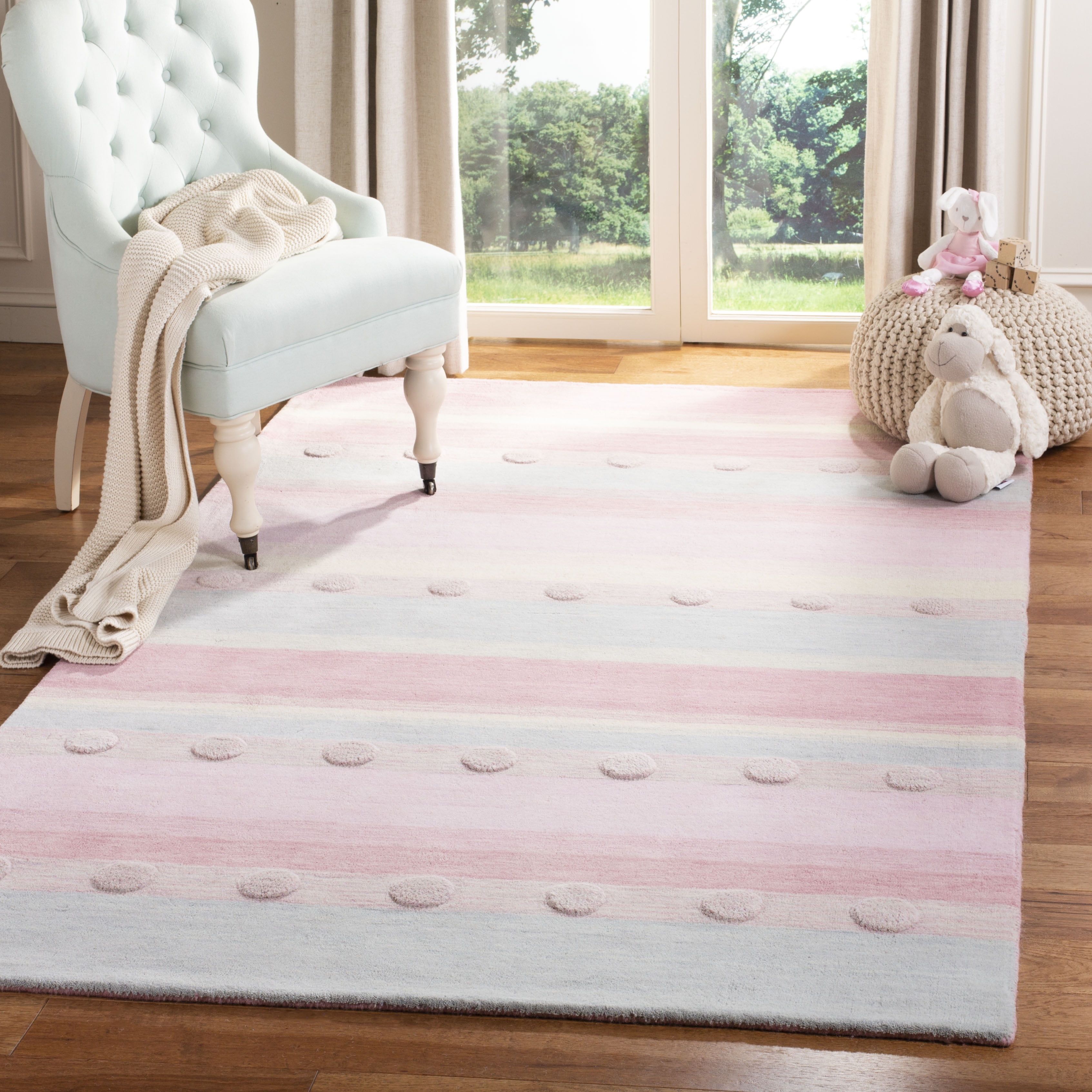 Light Blue and Pink Hand-Tufted Wool Kids Rug