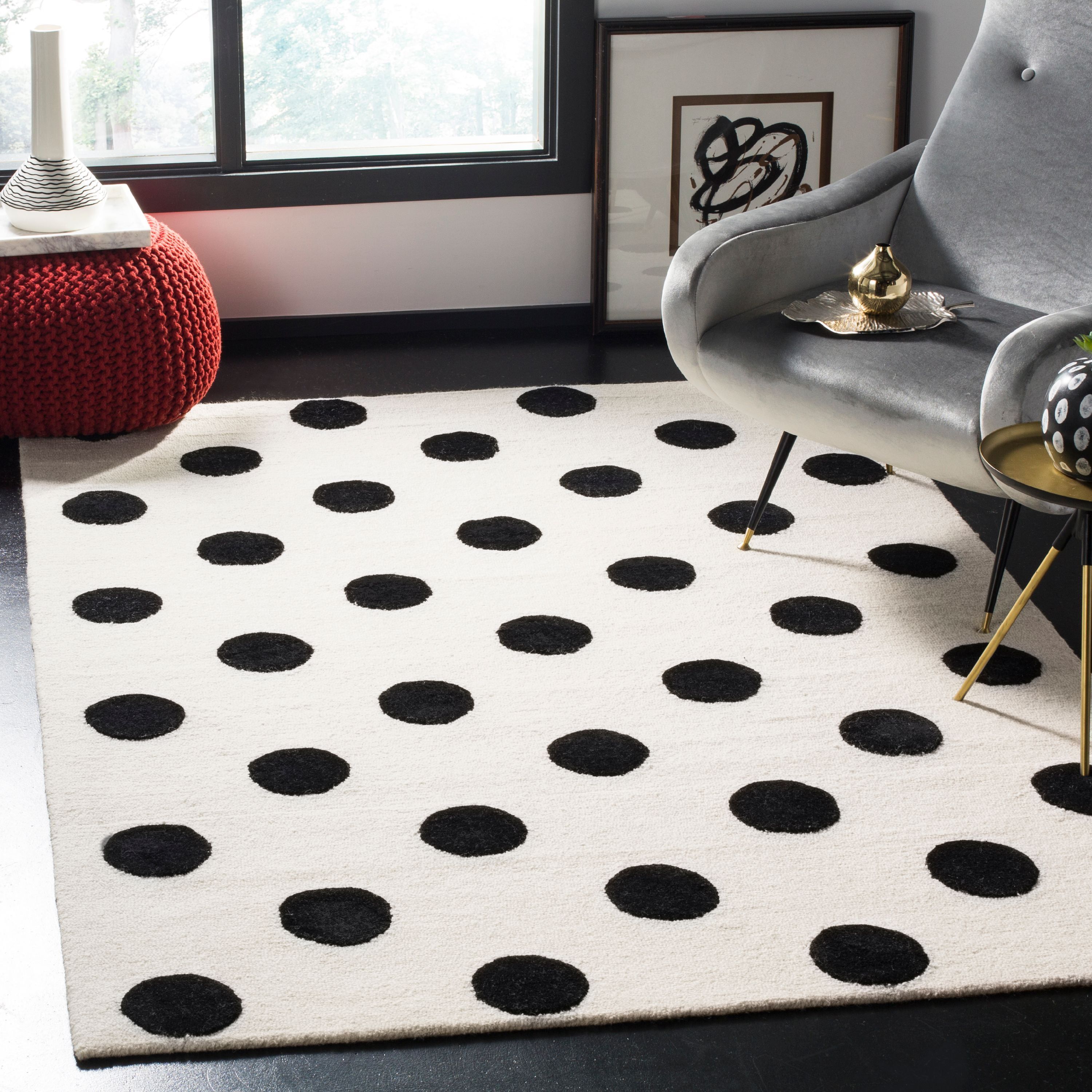 Ivory & Black Polka Dot Hand-Tufted Wool Rug for Kids, 6' x 9'