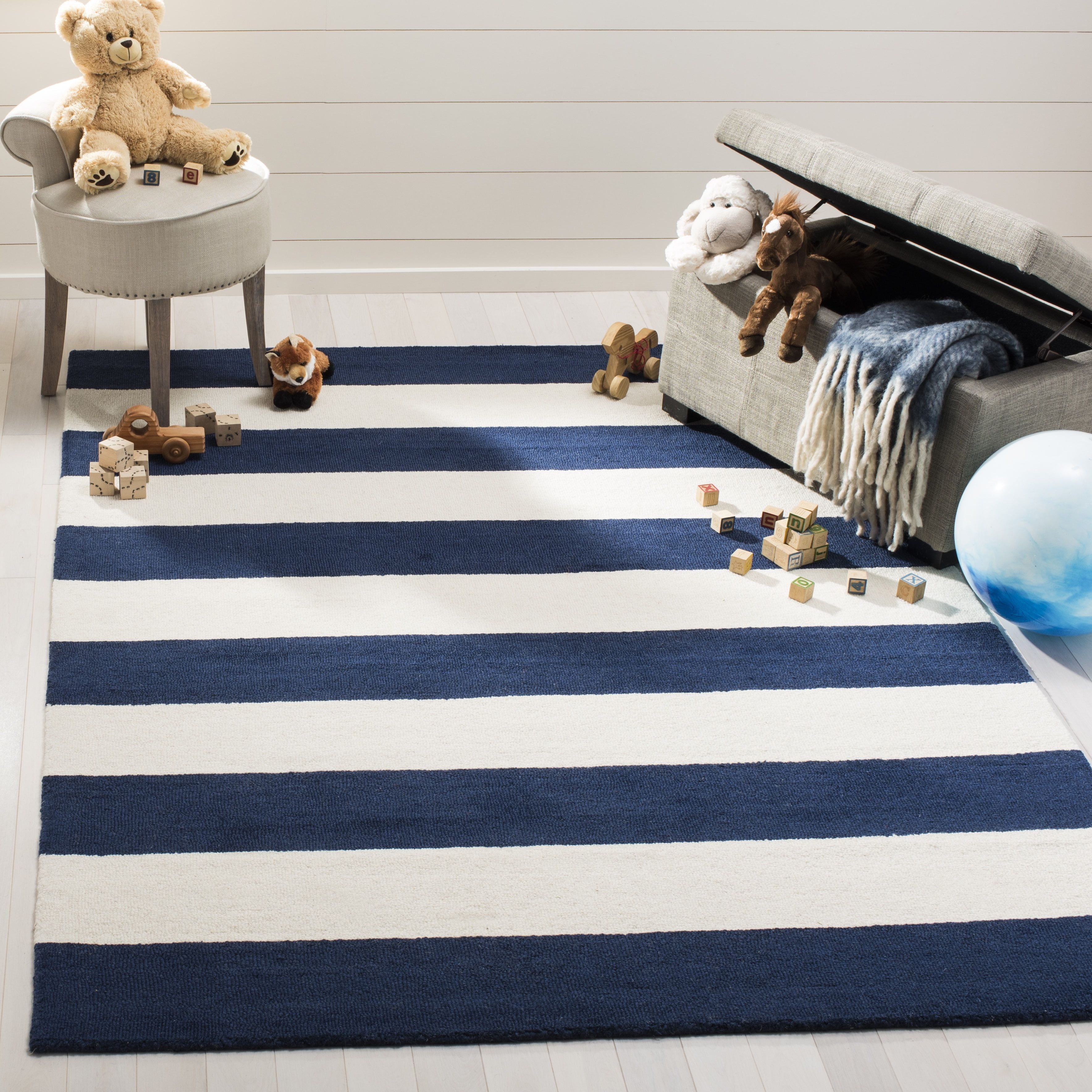 Ivory and Navy Striped 6' x 9' Wool Kids Rug