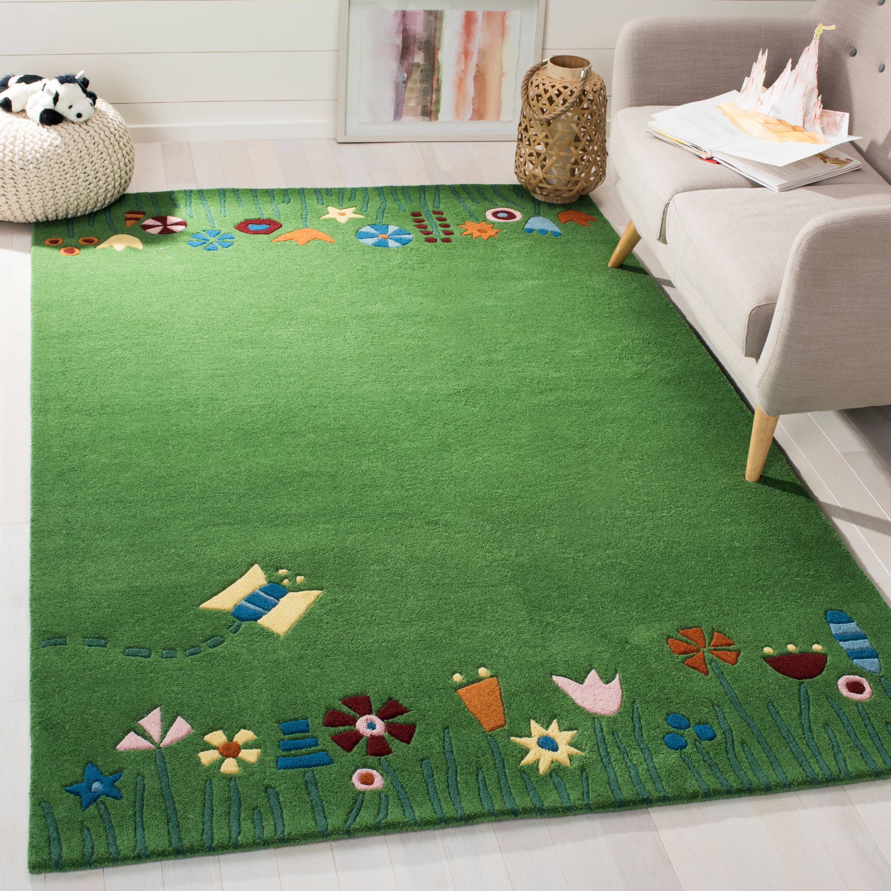 Handmade Green Wool Square Kids Rug with Multi-Colored Border