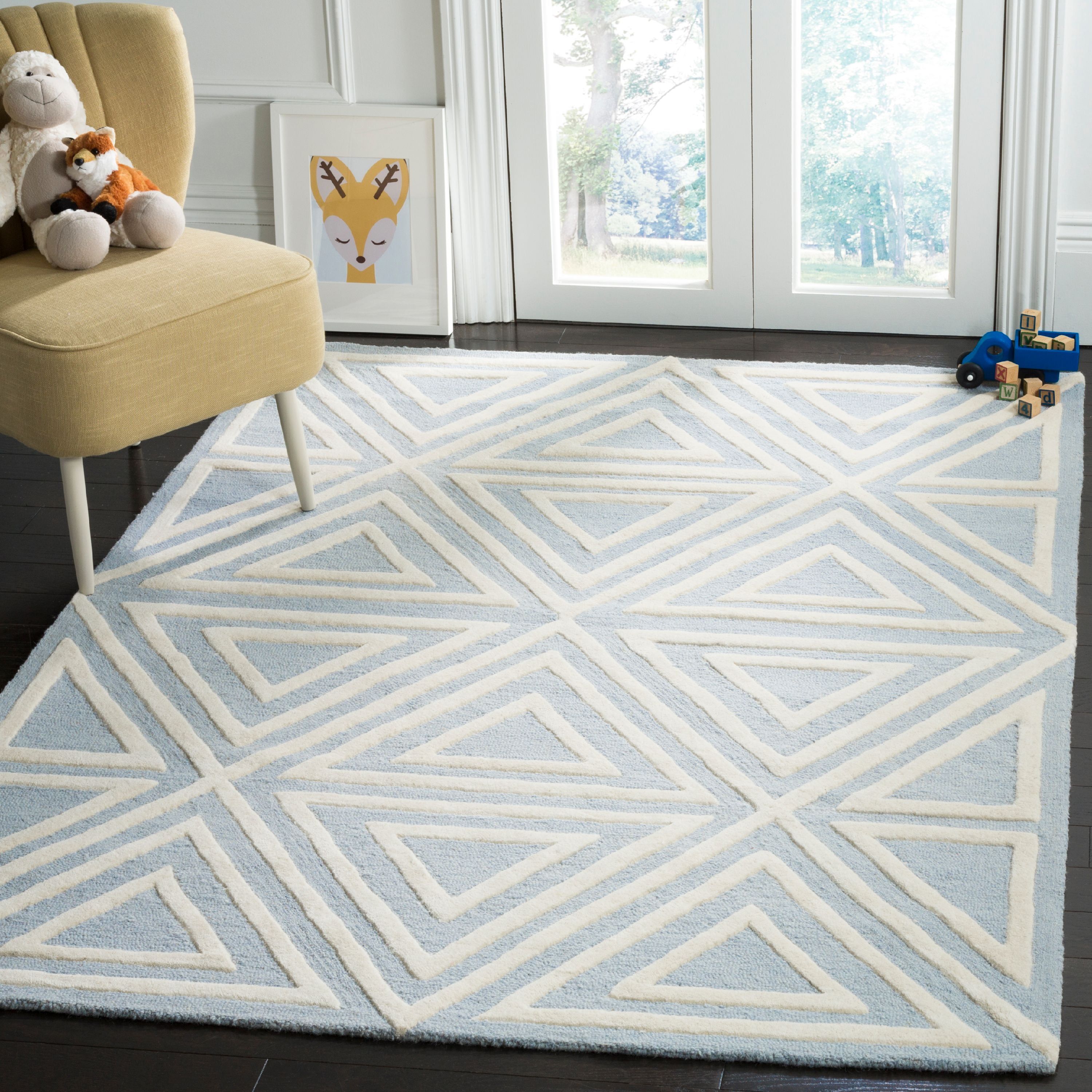 Blue and Ivory Geometric Wool Kids Rug, 5' x 7'