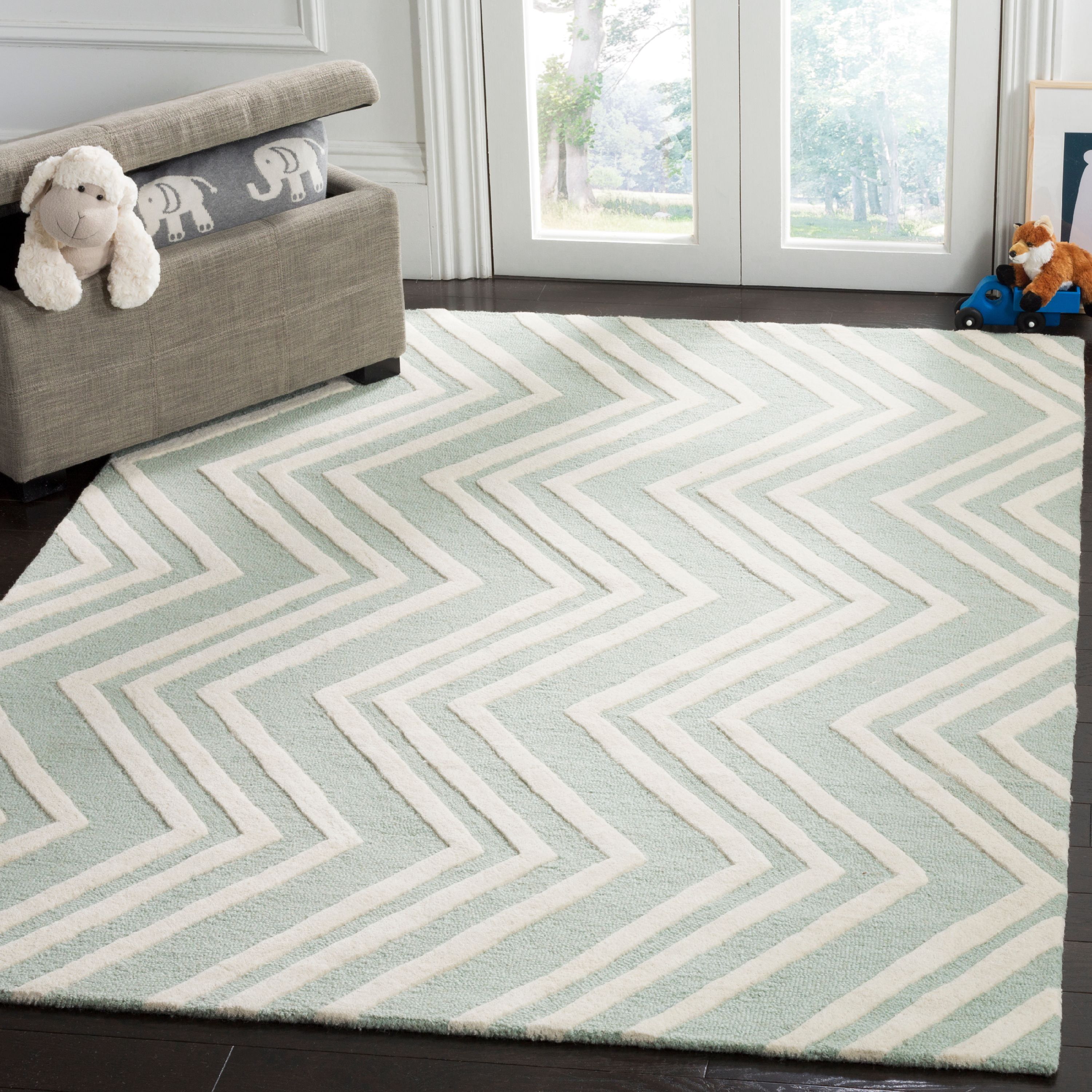 Ivory and Mint Chevron Hand-Tufted Wool Kids Rug, 6' x 9'