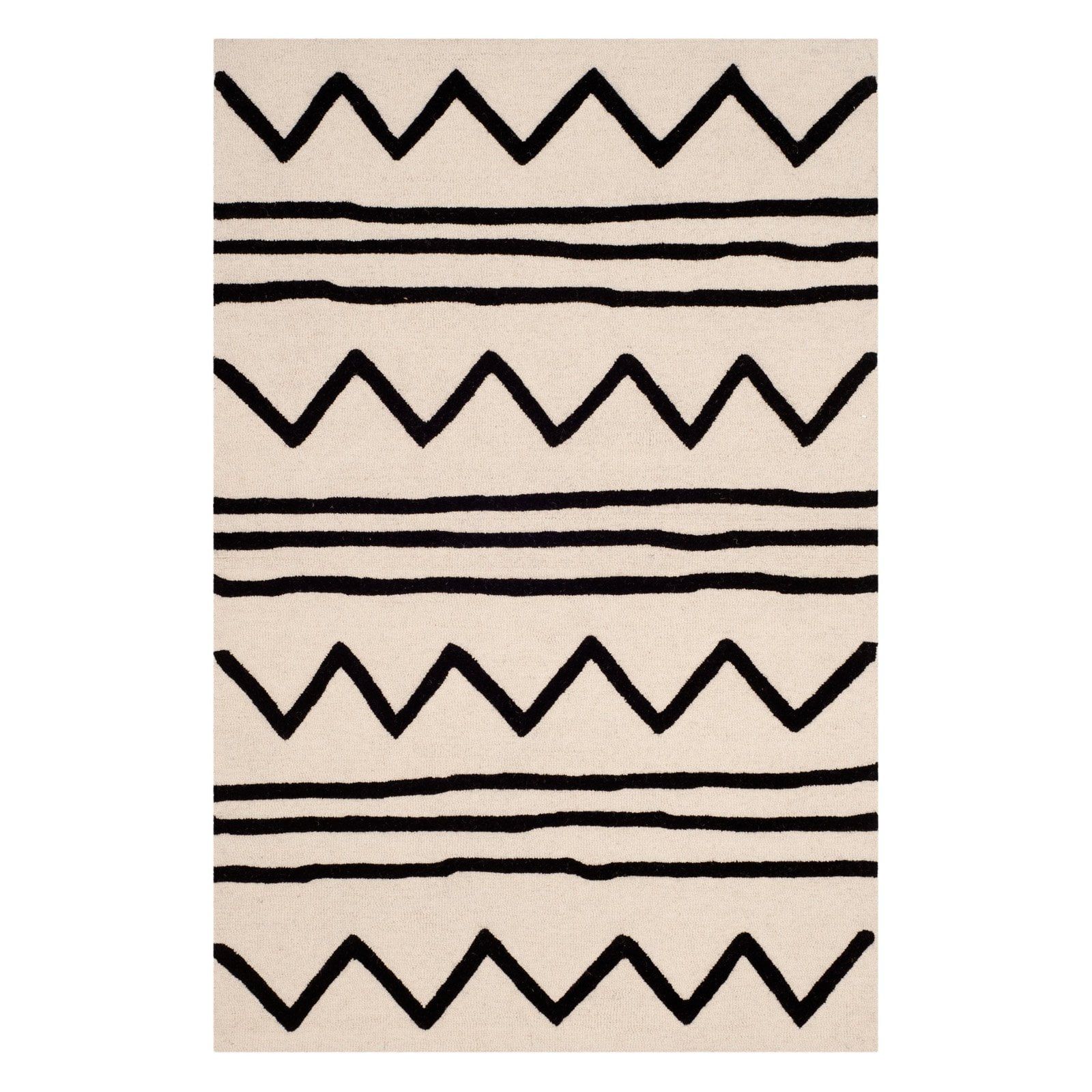 Ivory and Black Geometric Wool Kids Rug 3' x 5'