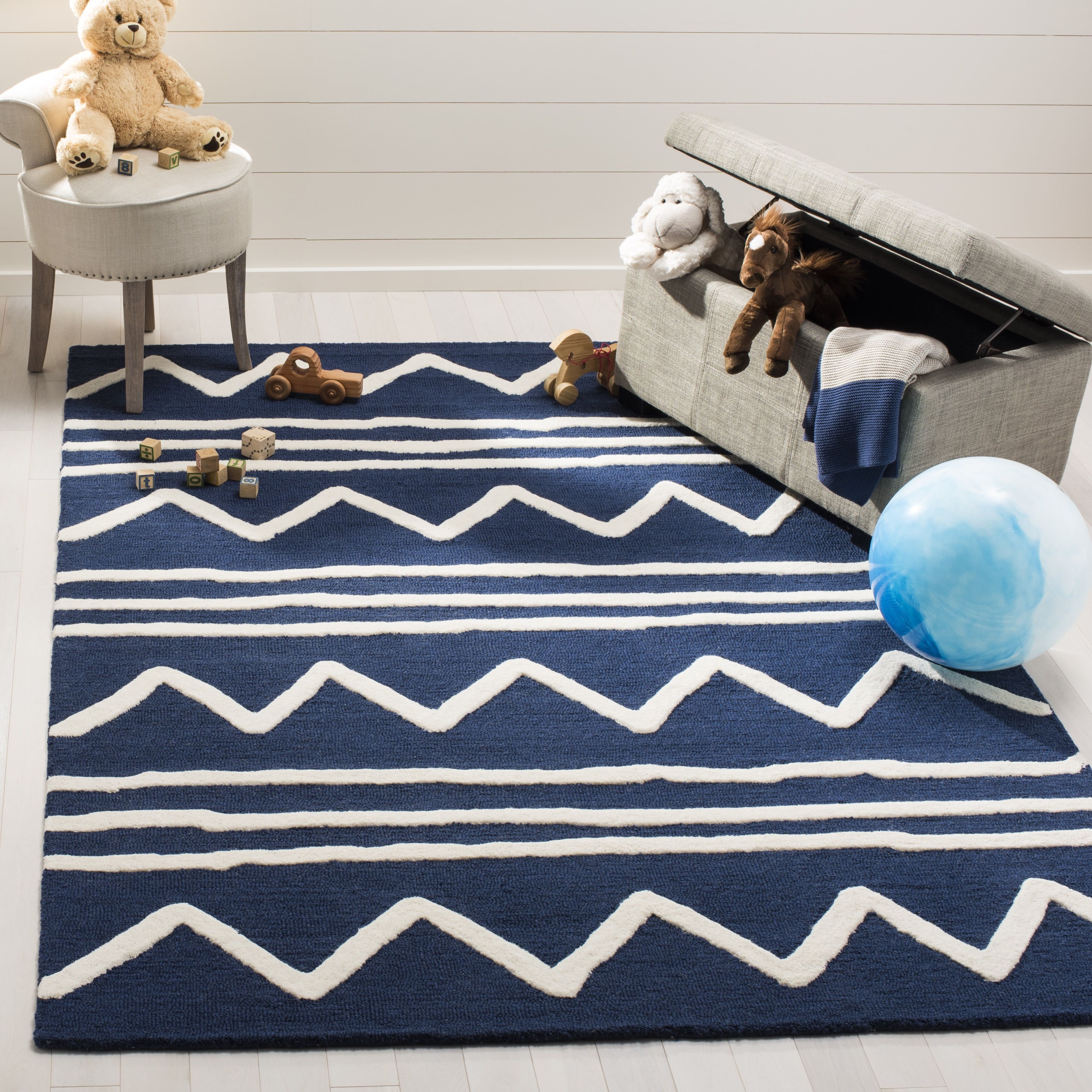 Navy and Ivory Hand-Tufted Wool Kids Rug, 9' x 12'