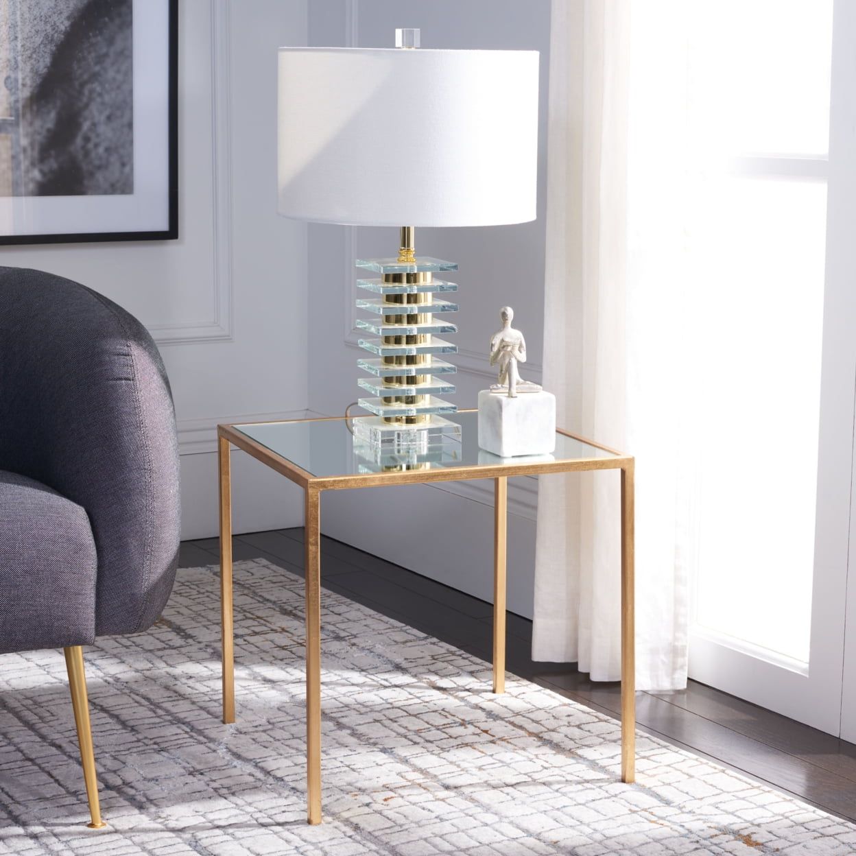 Elegant Gold Leaf Mirrored Square Side Table