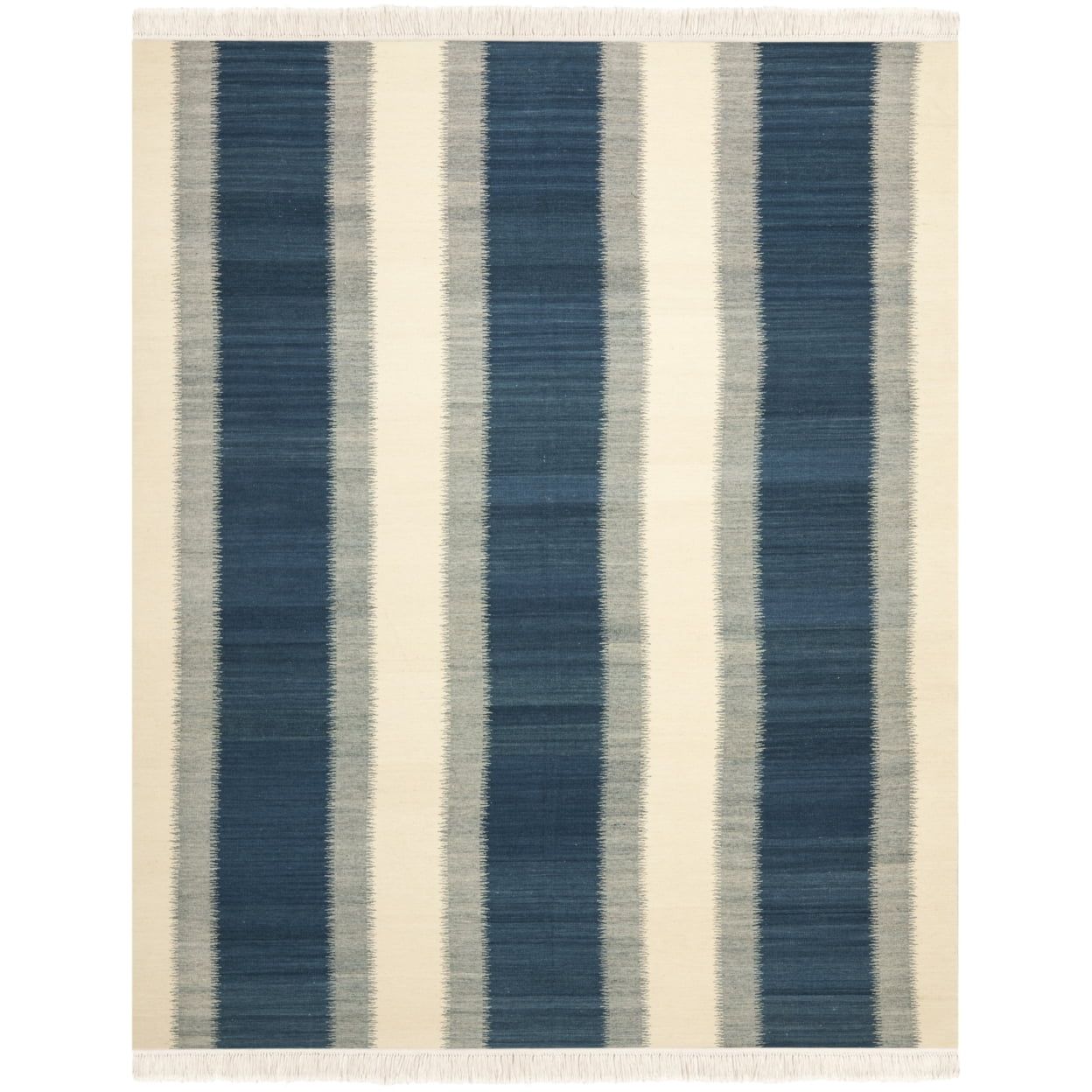 Blue and Ivory Striped Handwoven Wool Area Rug, 5' x 8'