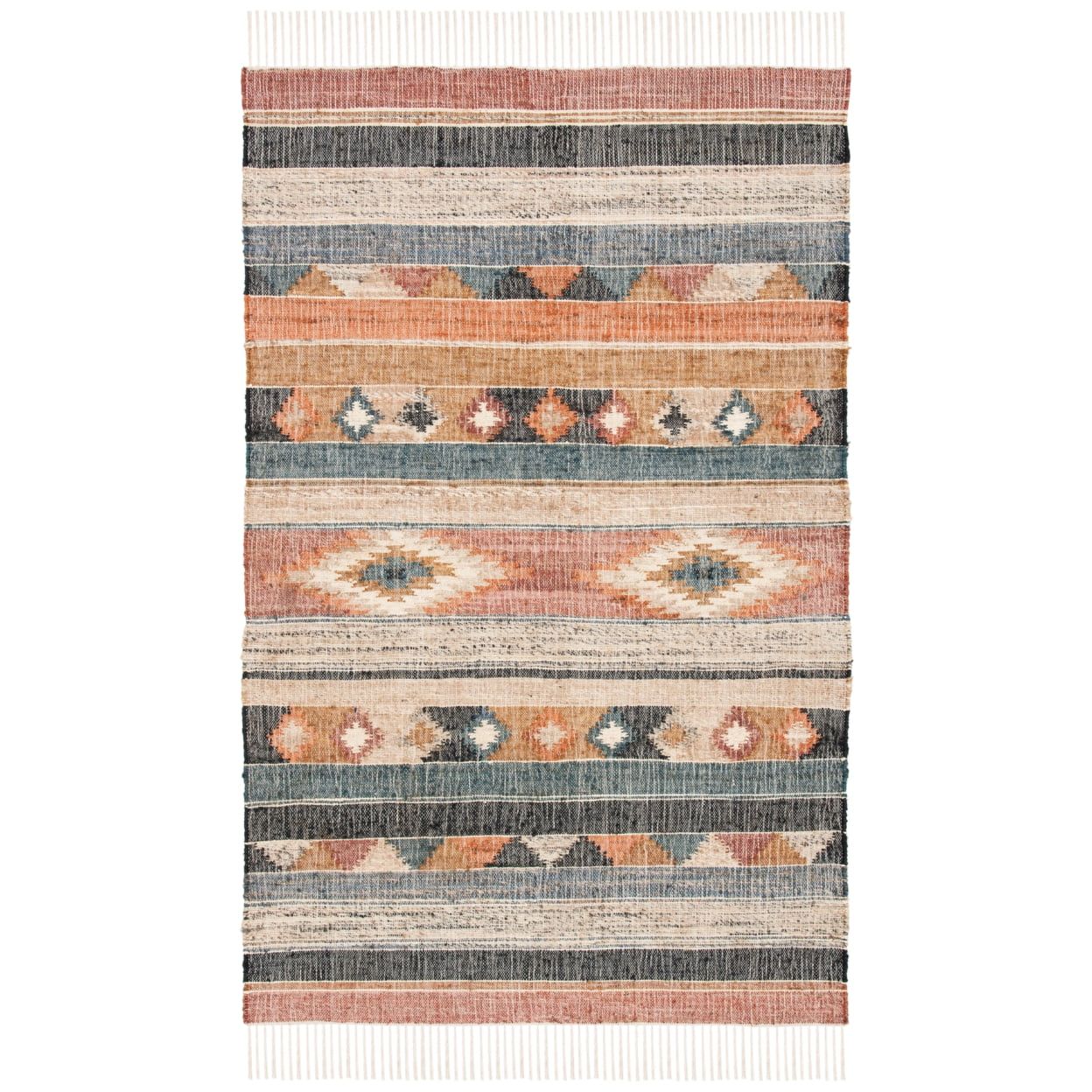 Blue and Rust Handmade Wool Cotton Kilim Rug, 5' x 8'