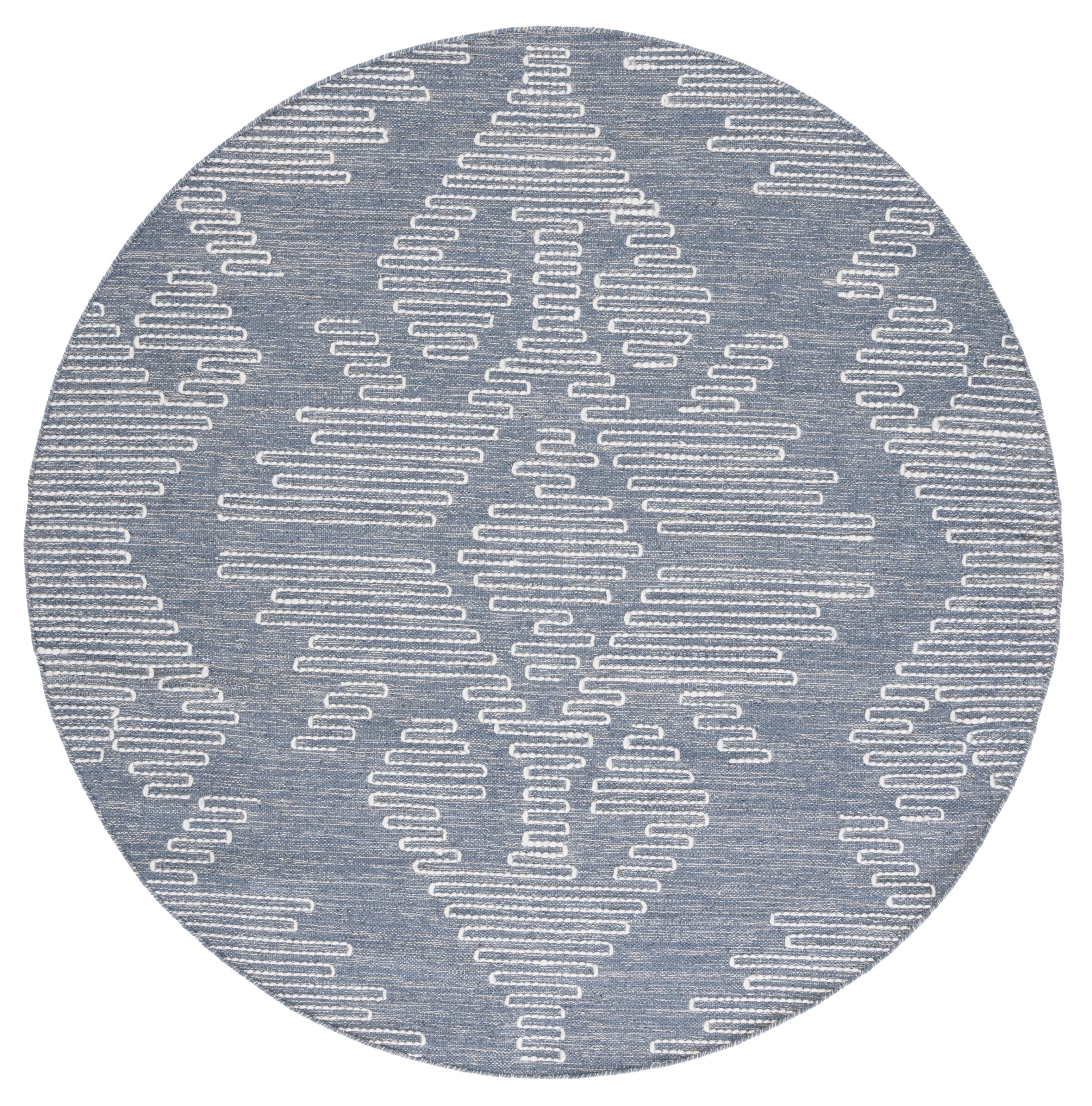 Blue and Ivory Round Handwoven Wool and Cotton Rug, 6' x 6'