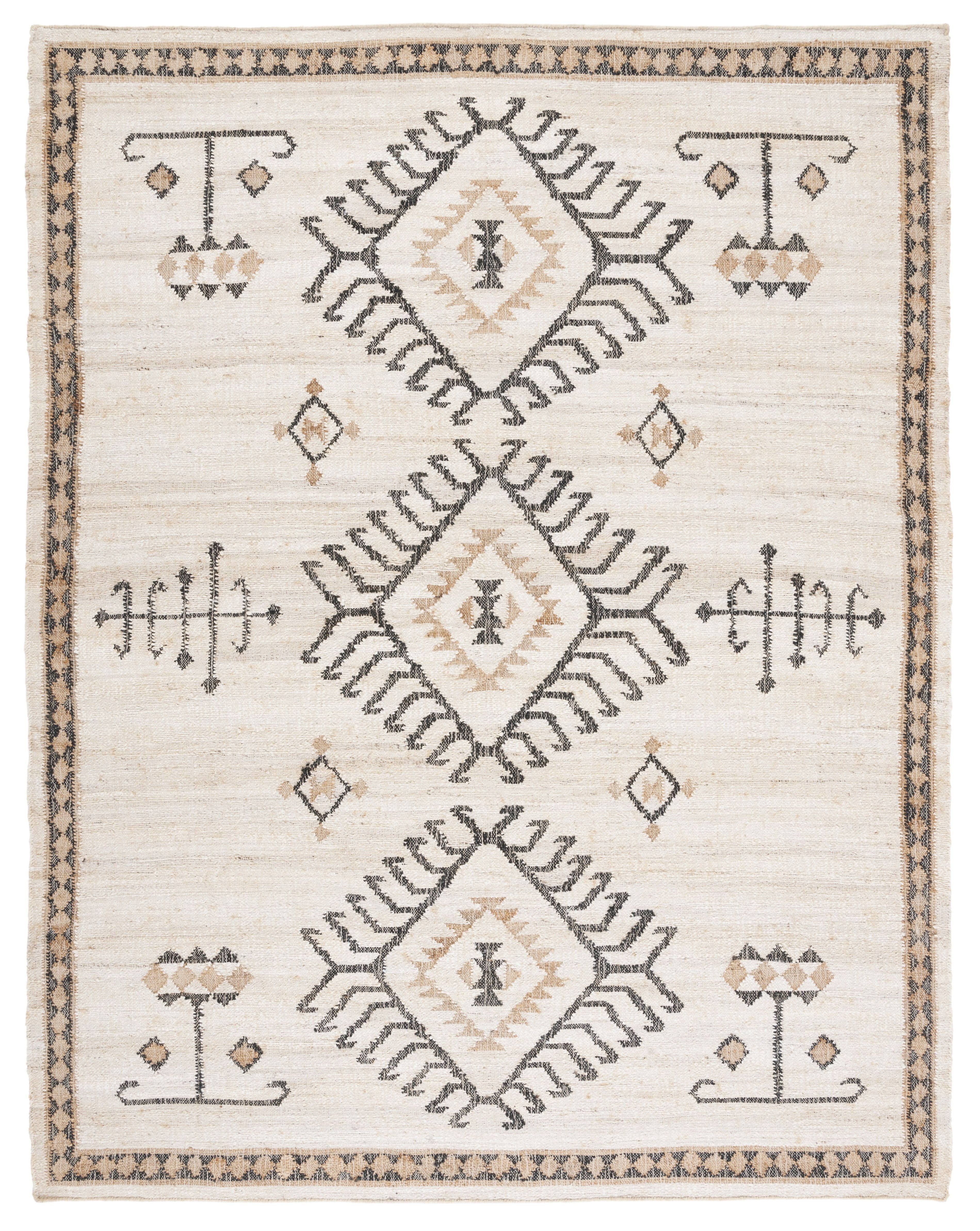 Ivory and Black Handmade Wool Tribal Area Rug, 9' x 12'