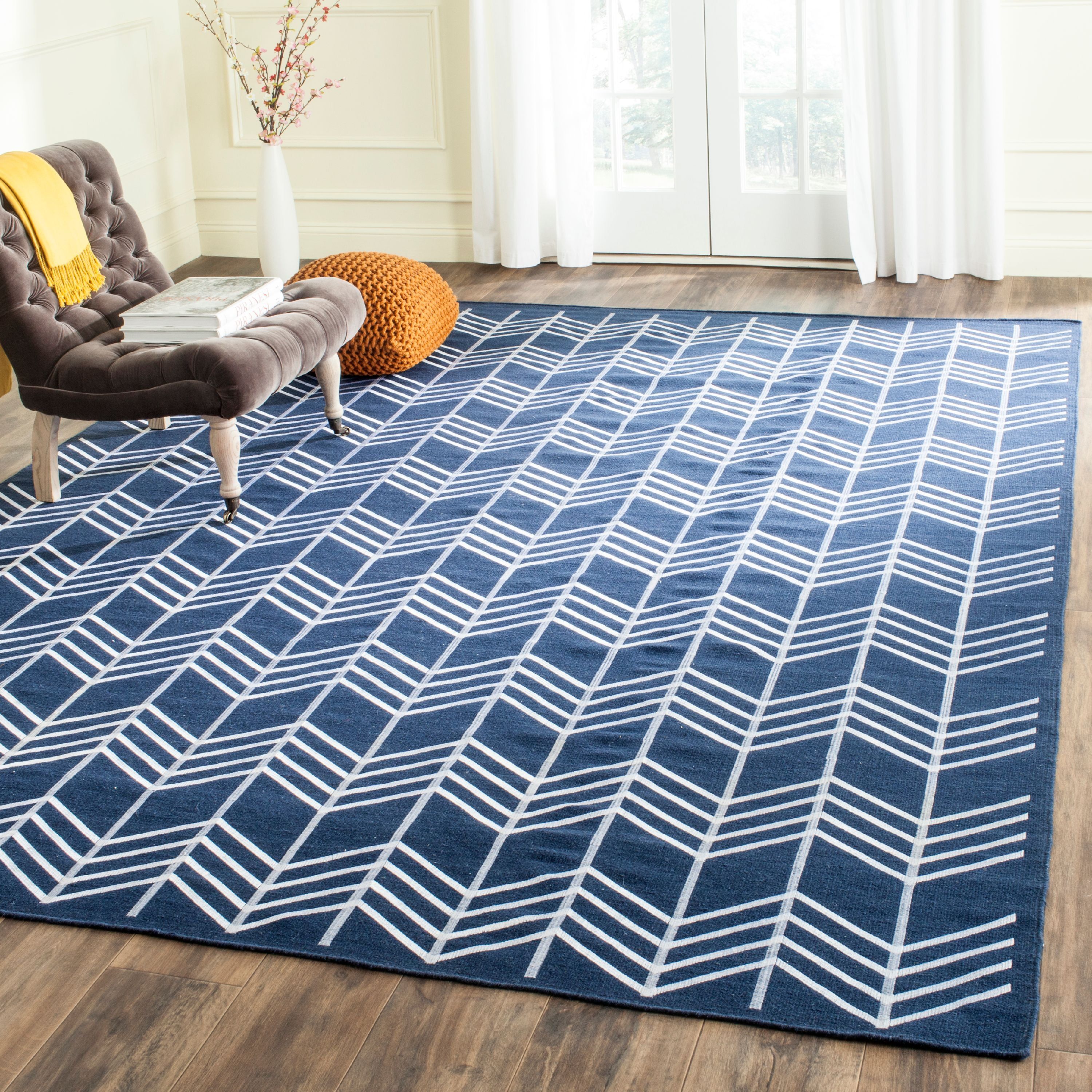 Handwoven Reversible Navy Wool Area Rug, 8' x 10'