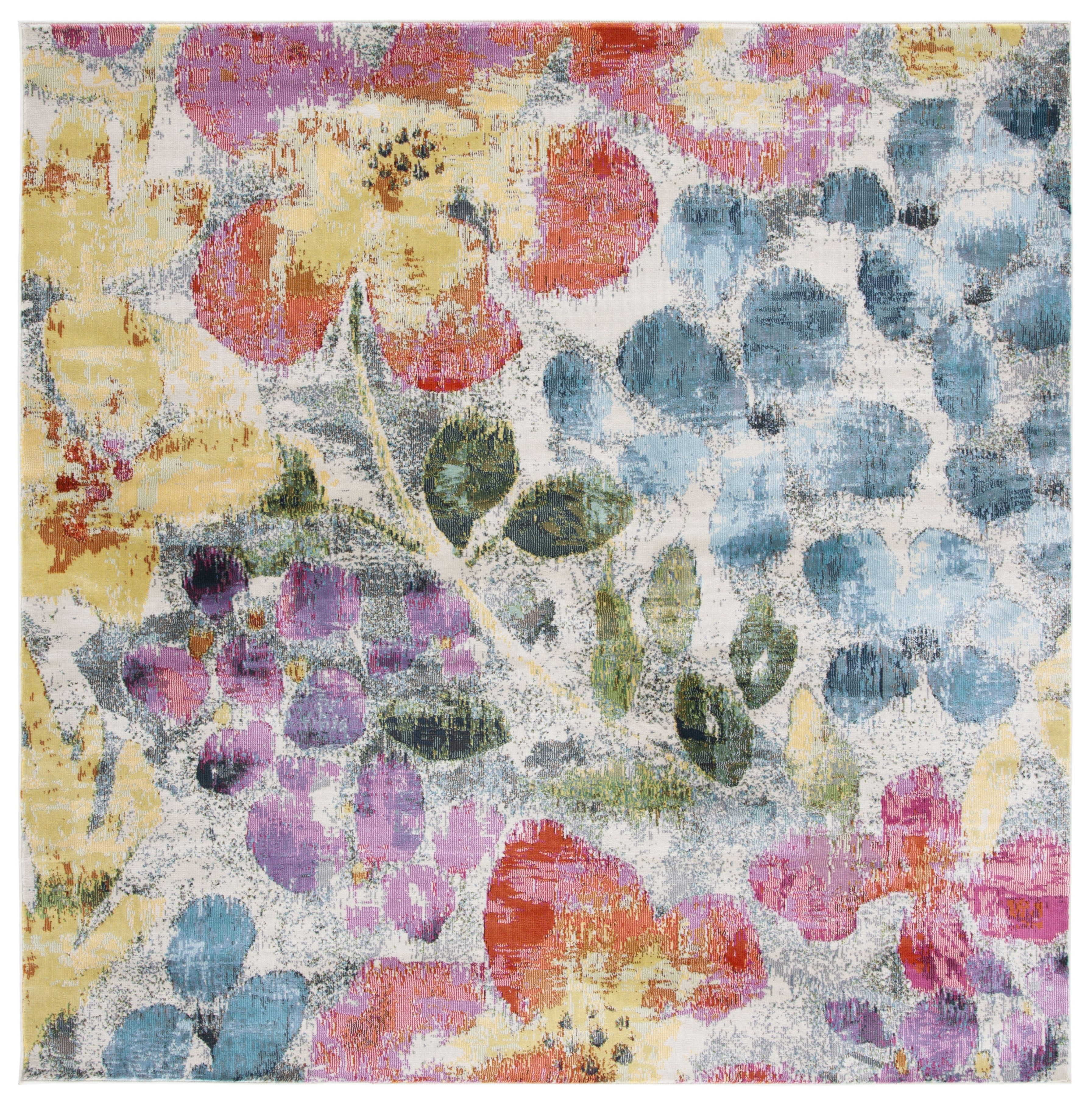 Lillian Dreamy Floral Blue and Yellow 3' Square Synthetic Area Rug