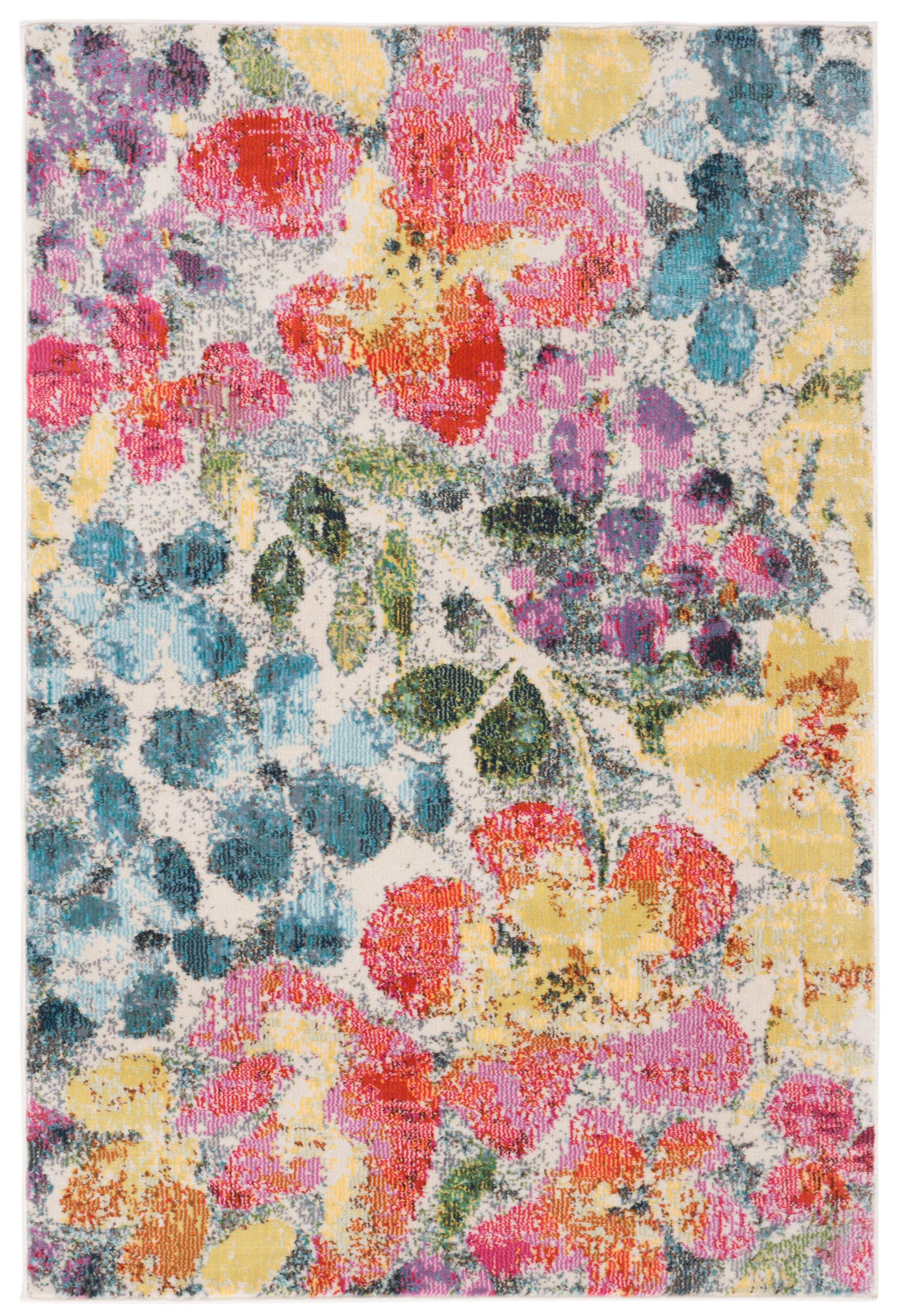 Blue and Yellow Floral Synthetic Stain-Resistant Rug, 3' x 5'