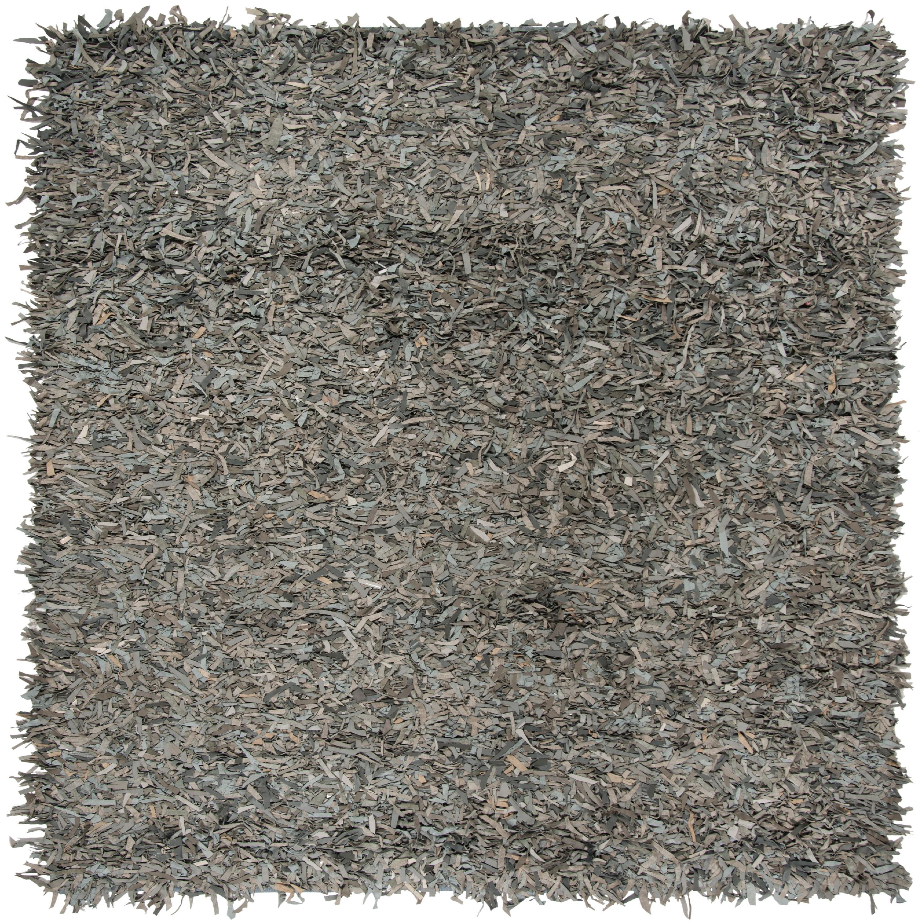 Grey and Beige Hand-Knotted Leather Shag 5' x 5' Rug