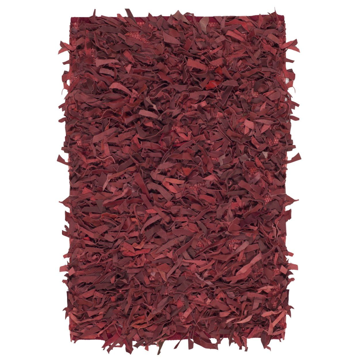 Red Hand-Knotted Leather Shag Square Area Rug, 5' x 5'