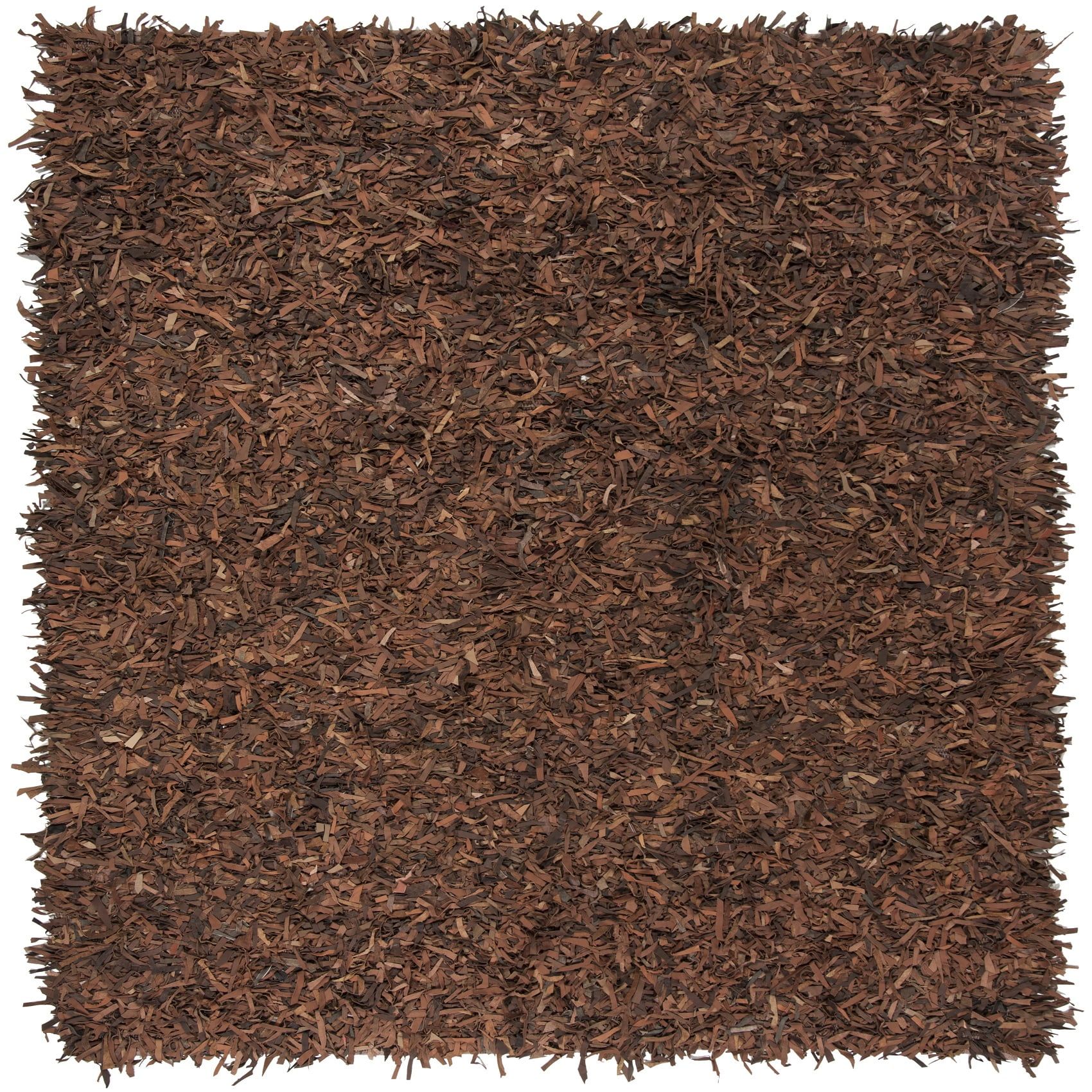 Saddle Brown Hand-Knotted Leather Shag Square Rug