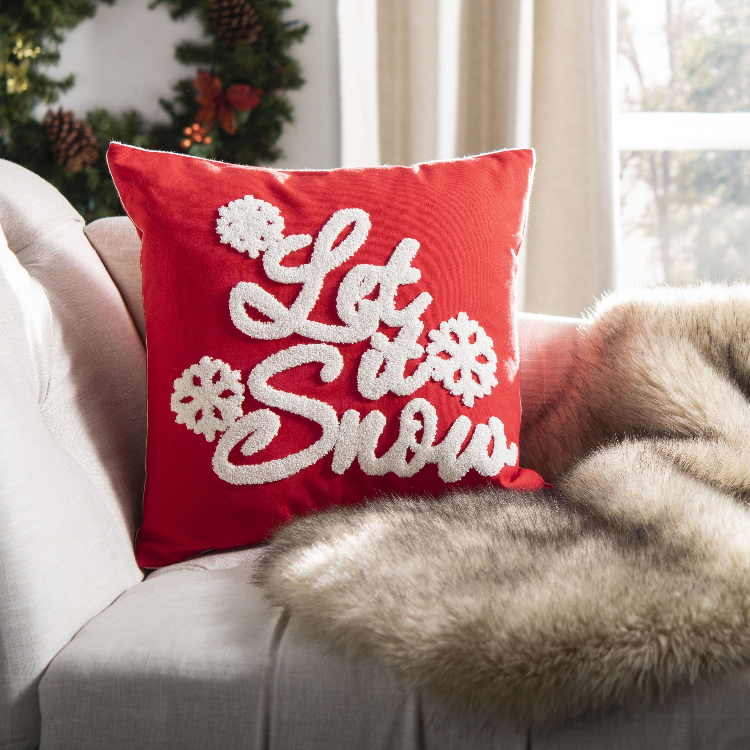 Red and White Polyester Square Holiday Pillow