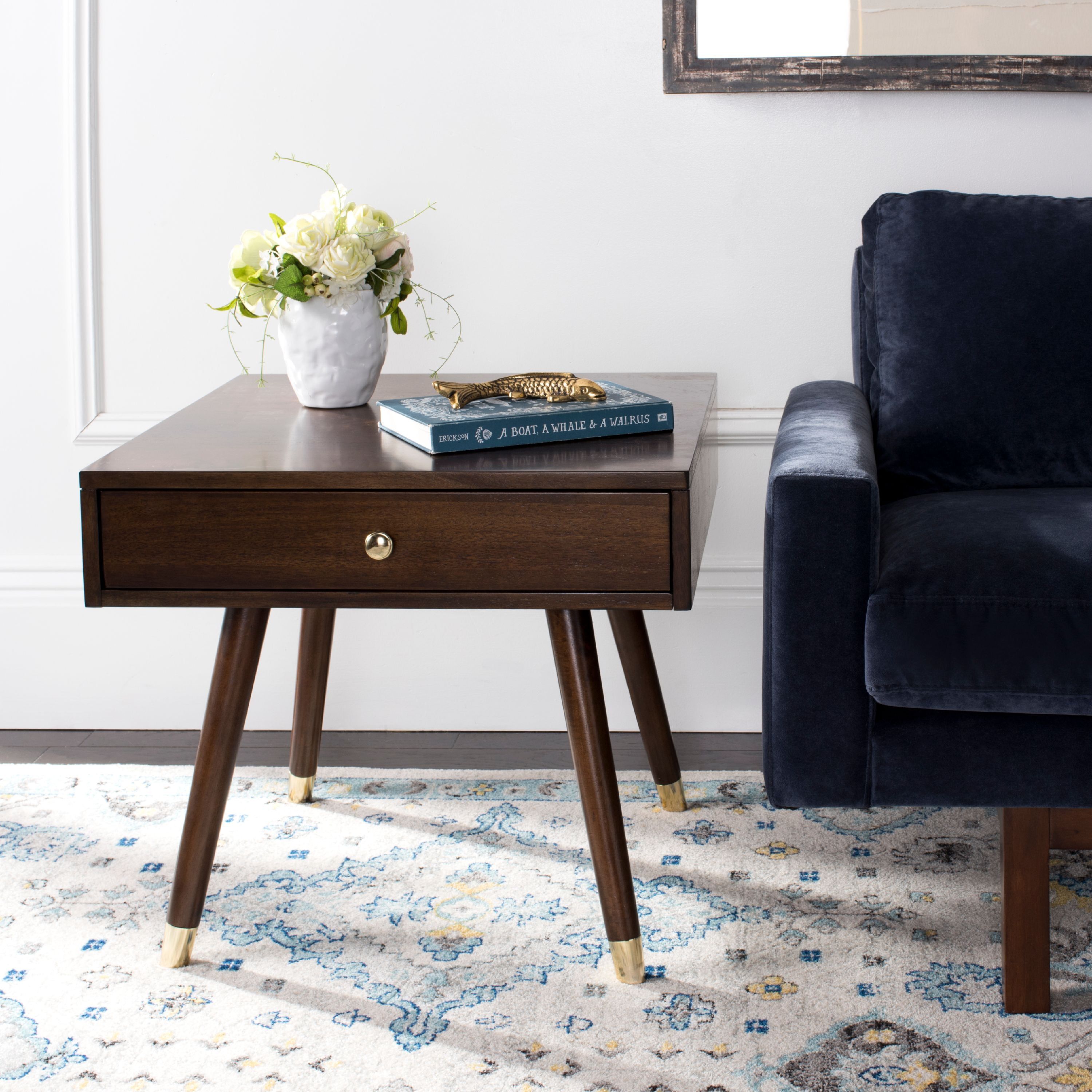 Transitional Square Wood & Metal End Table with Gold Accents