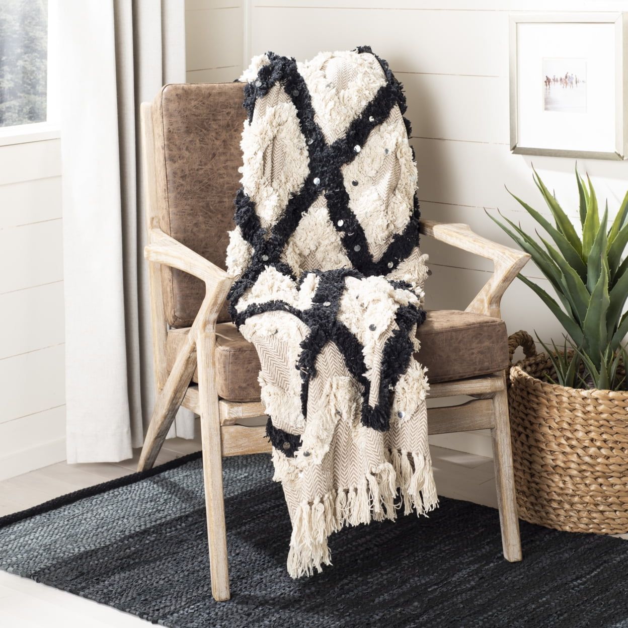 Beige and Black Cotton Reversible Throw Blanket with Fringe