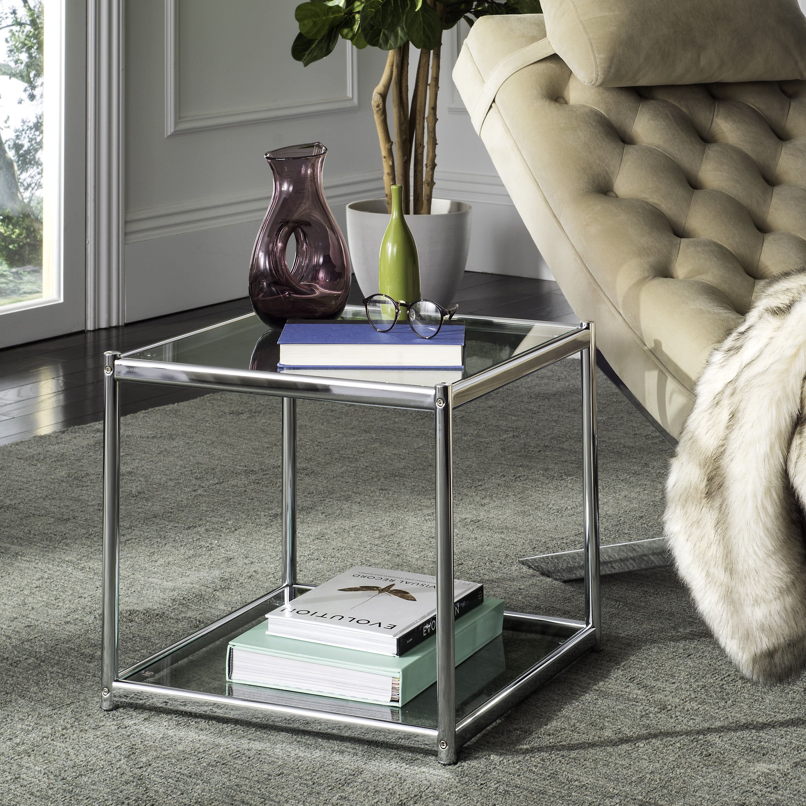 20" Square Chrome & Glass Transitional End Table