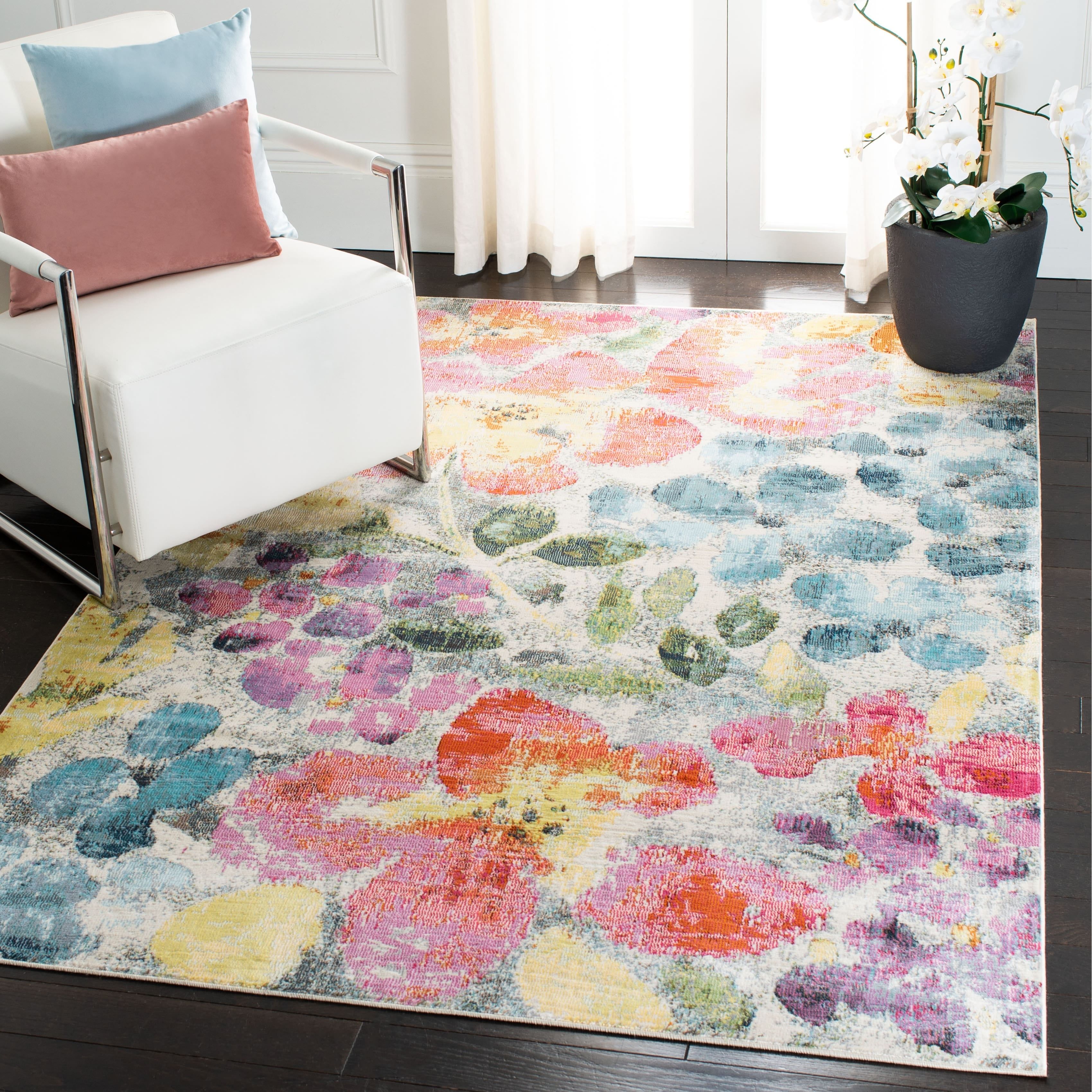 4' x 6' Blue Floral Synthetic Easy Care Area Rug