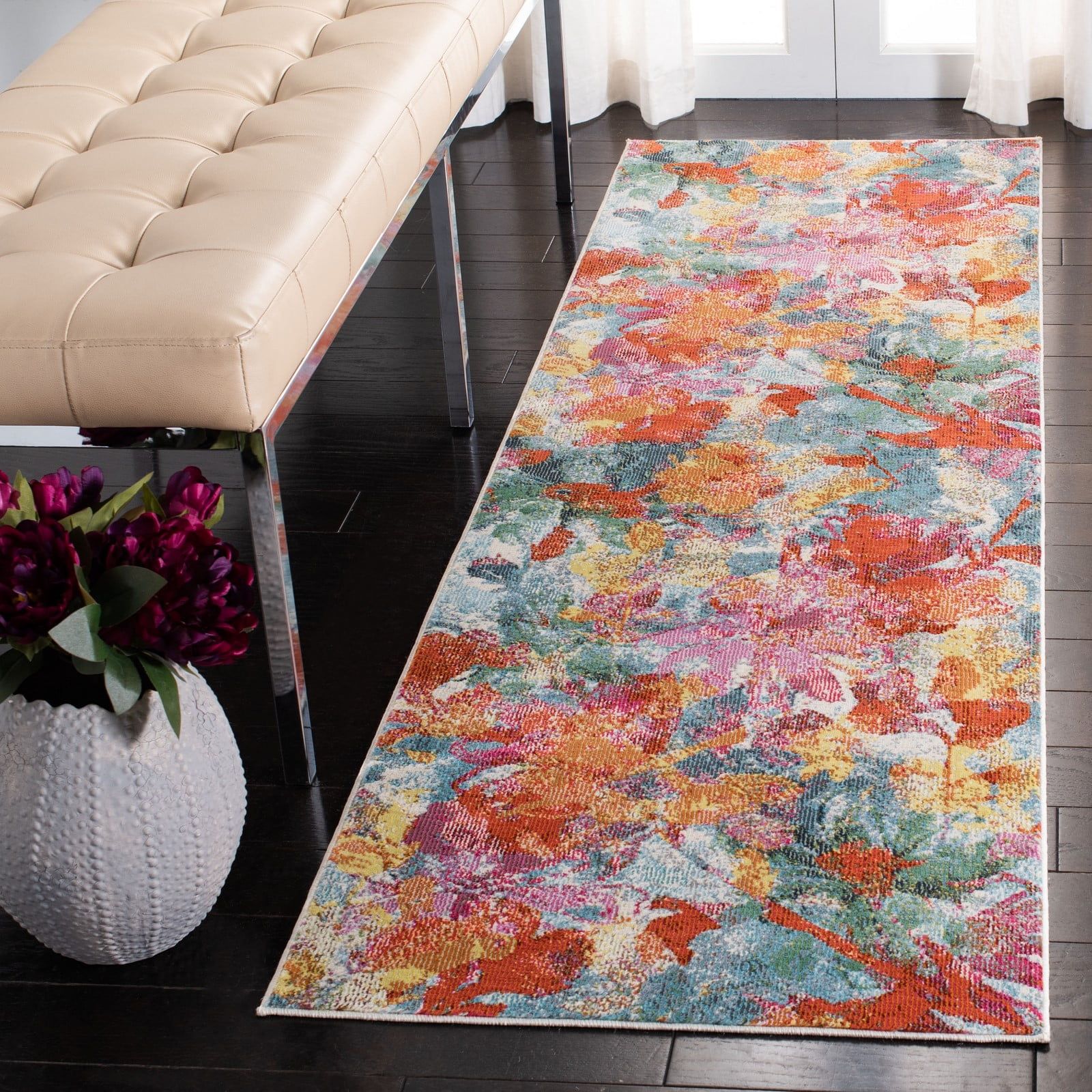 Lillian Dreamy Floral Blue and Orange Hand-Knotted Runner Rug, 2'2" x 7'