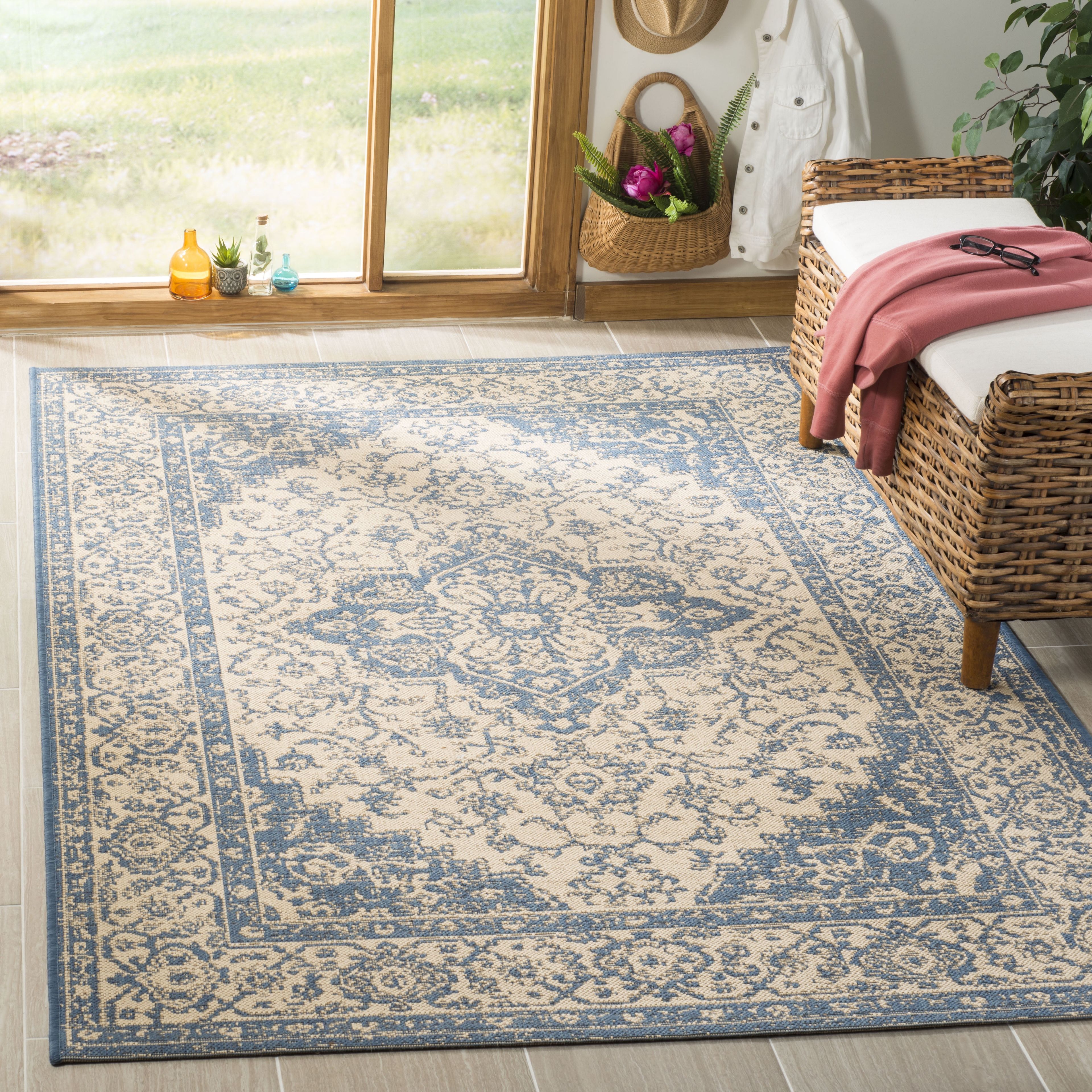 Elysian Blue and Cream Geometric 4' x 6' Easy-Care Area Rug