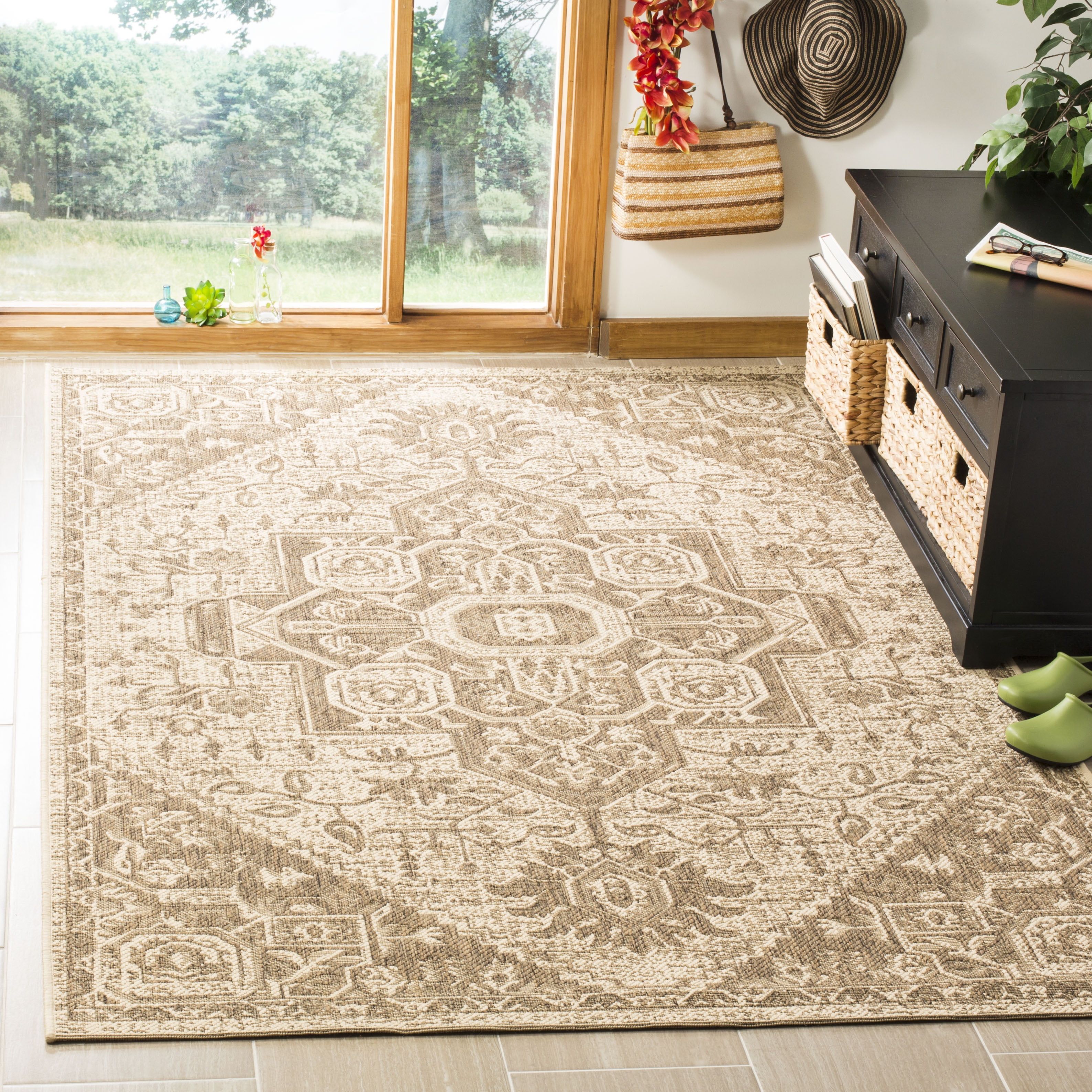 Geometric Brown Easy-Care Synthetic 5' x 7' Area Rug