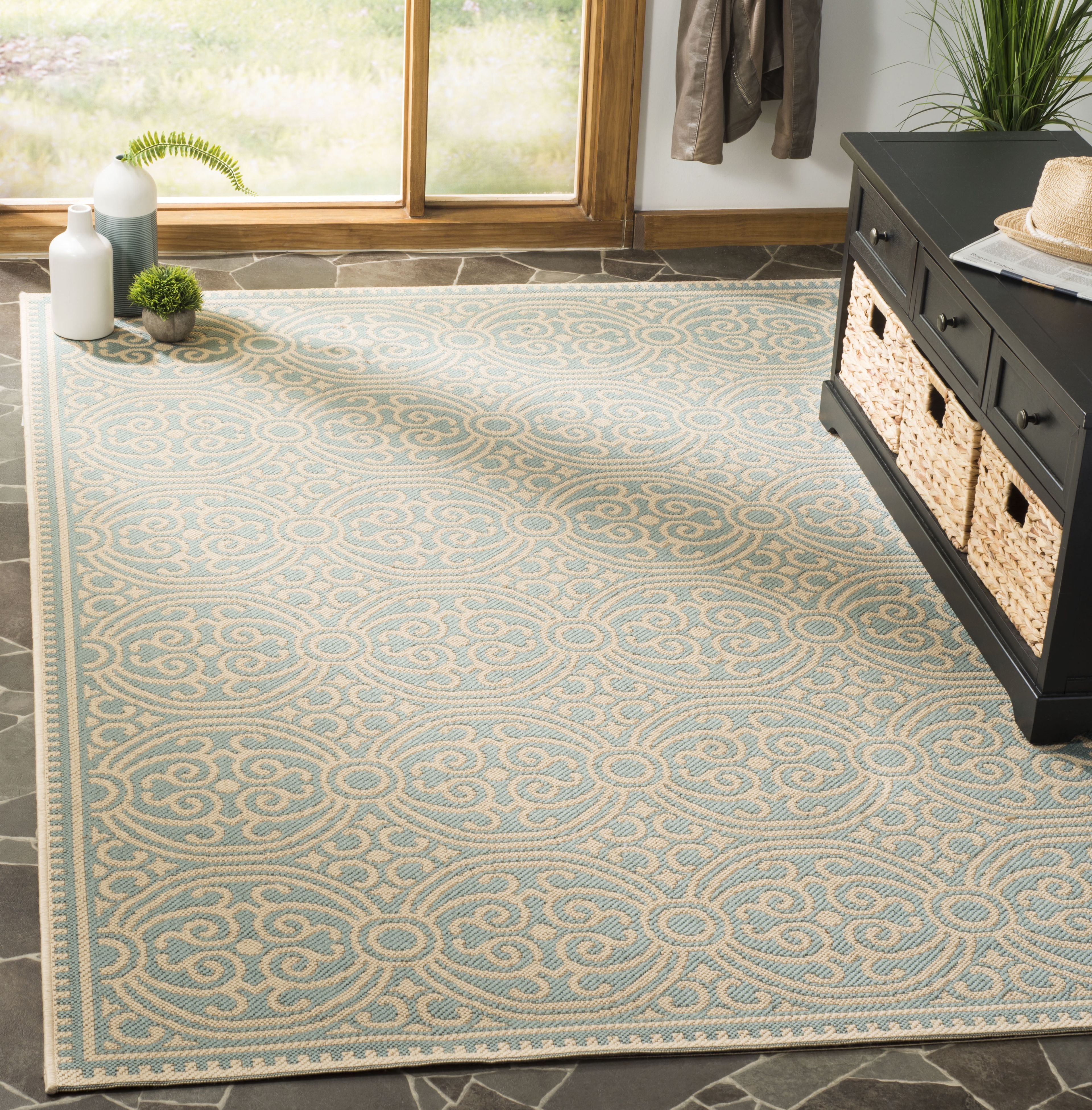 Aqua and Cream Geometric Flat Woven Synthetic Rug, 5' x 7'