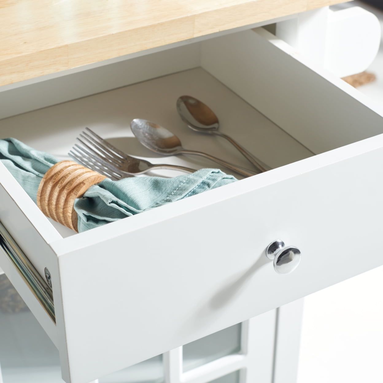 White and Natural Wood Kitchen Cart with Storage