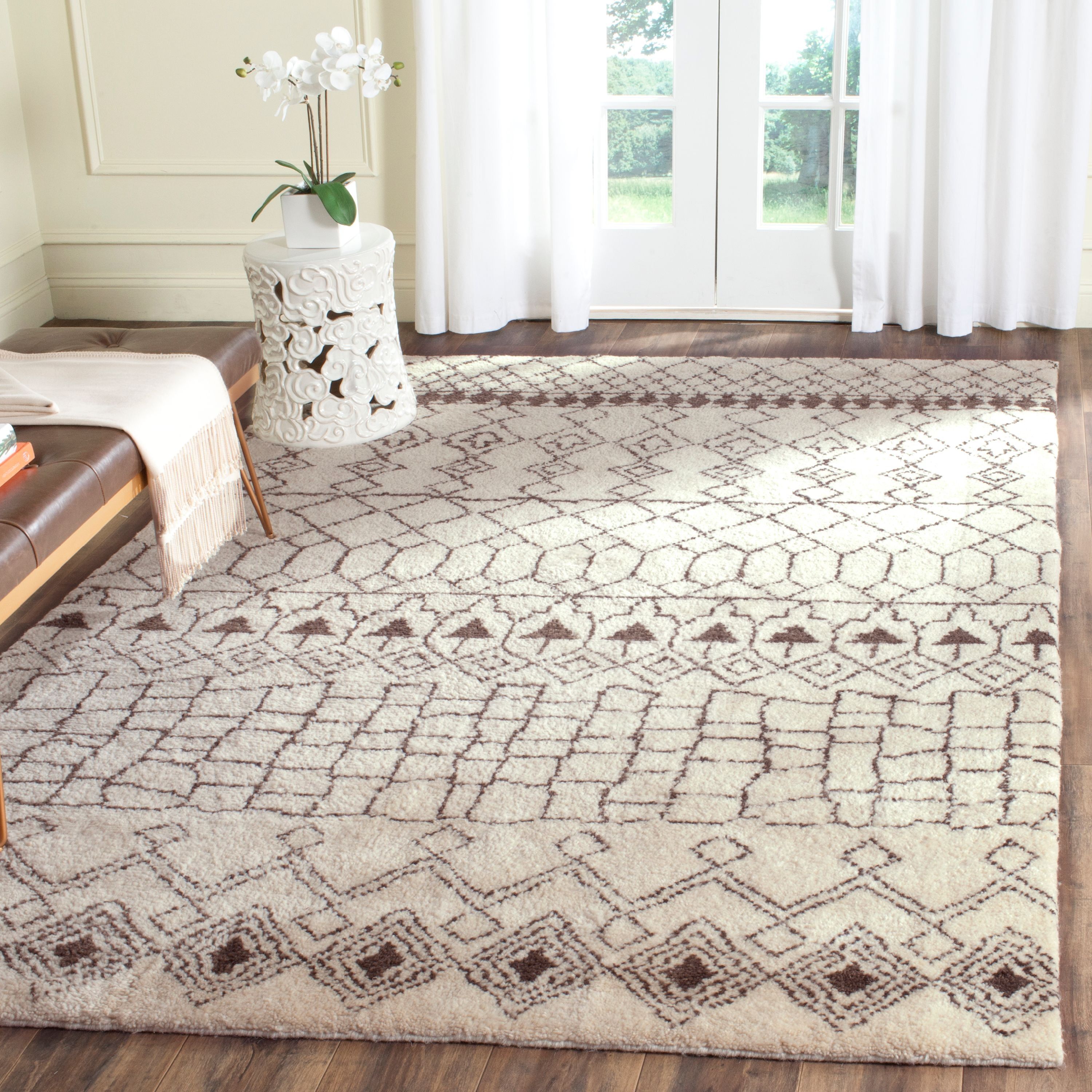 Ivory and Brown Hand-Knotted Geometric Wool Rug, 8' x 10'