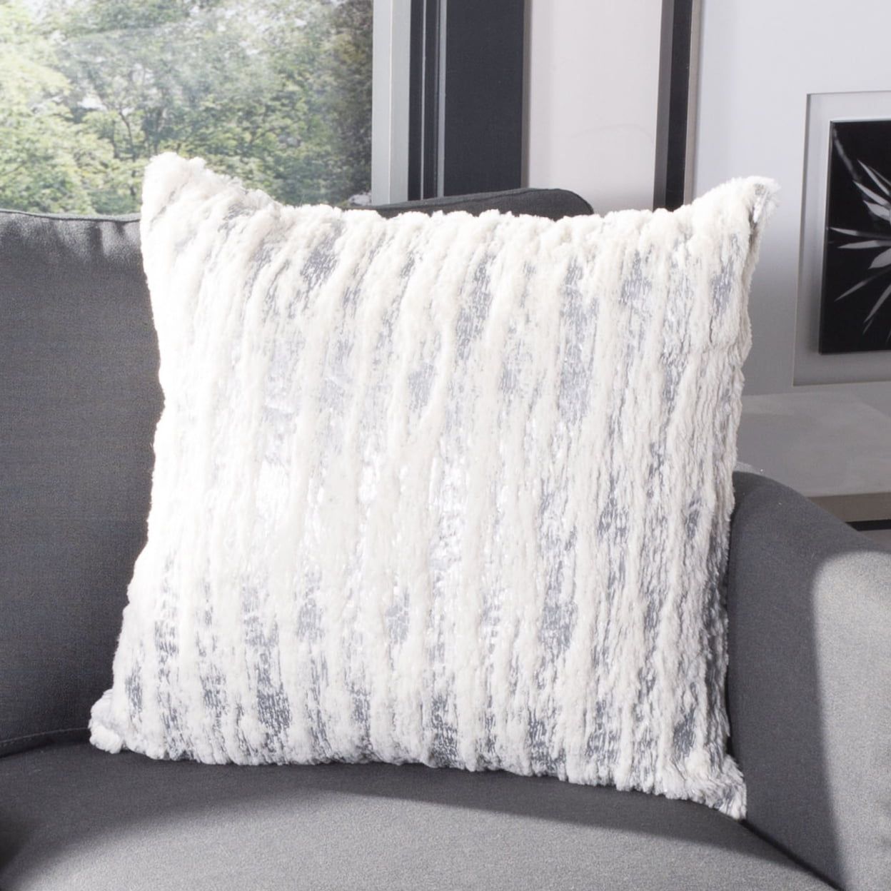 Lorelei 18" White and Silver Striped Plush Pillow