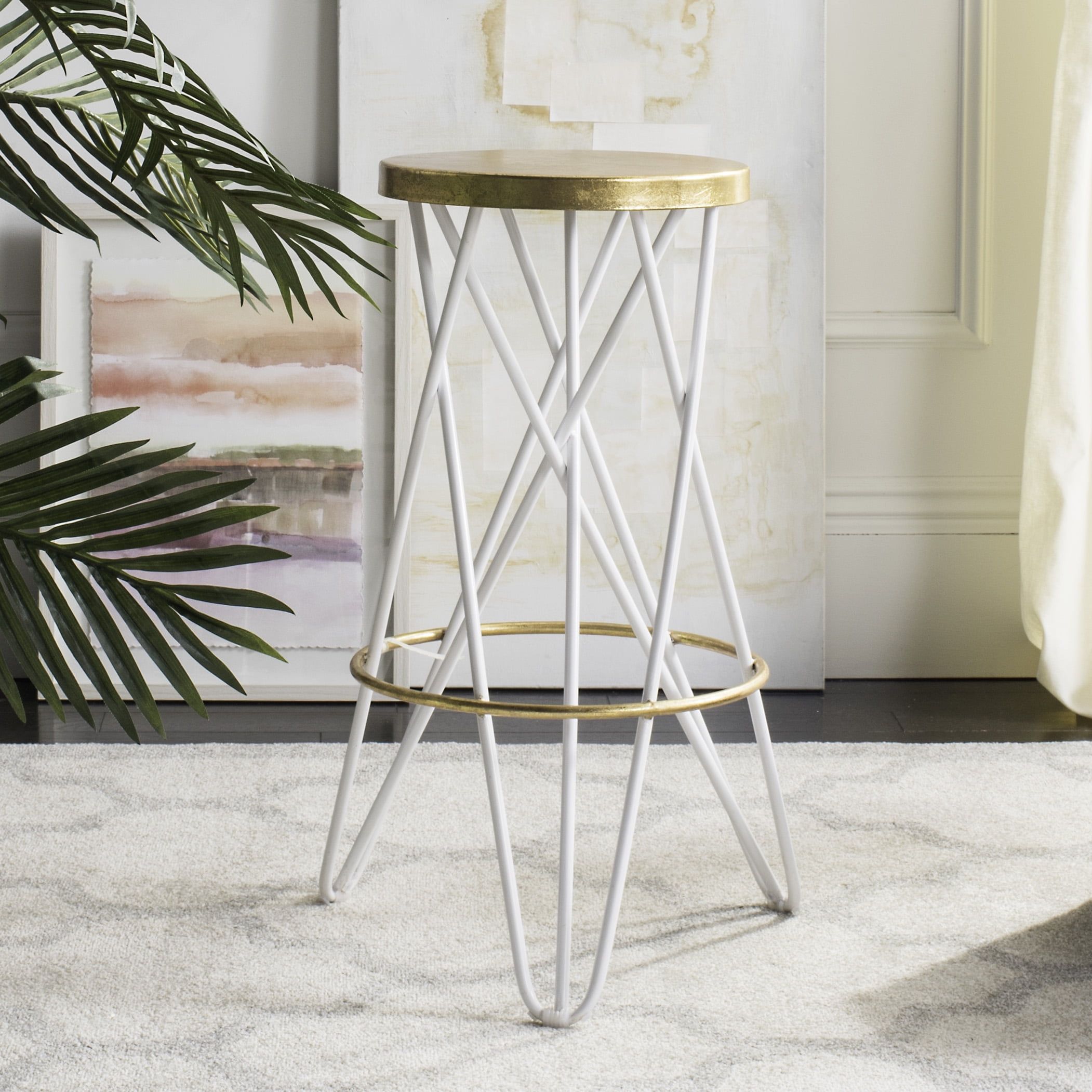 Transitional White and Gold Metal Bar Stool with Hairpin Legs