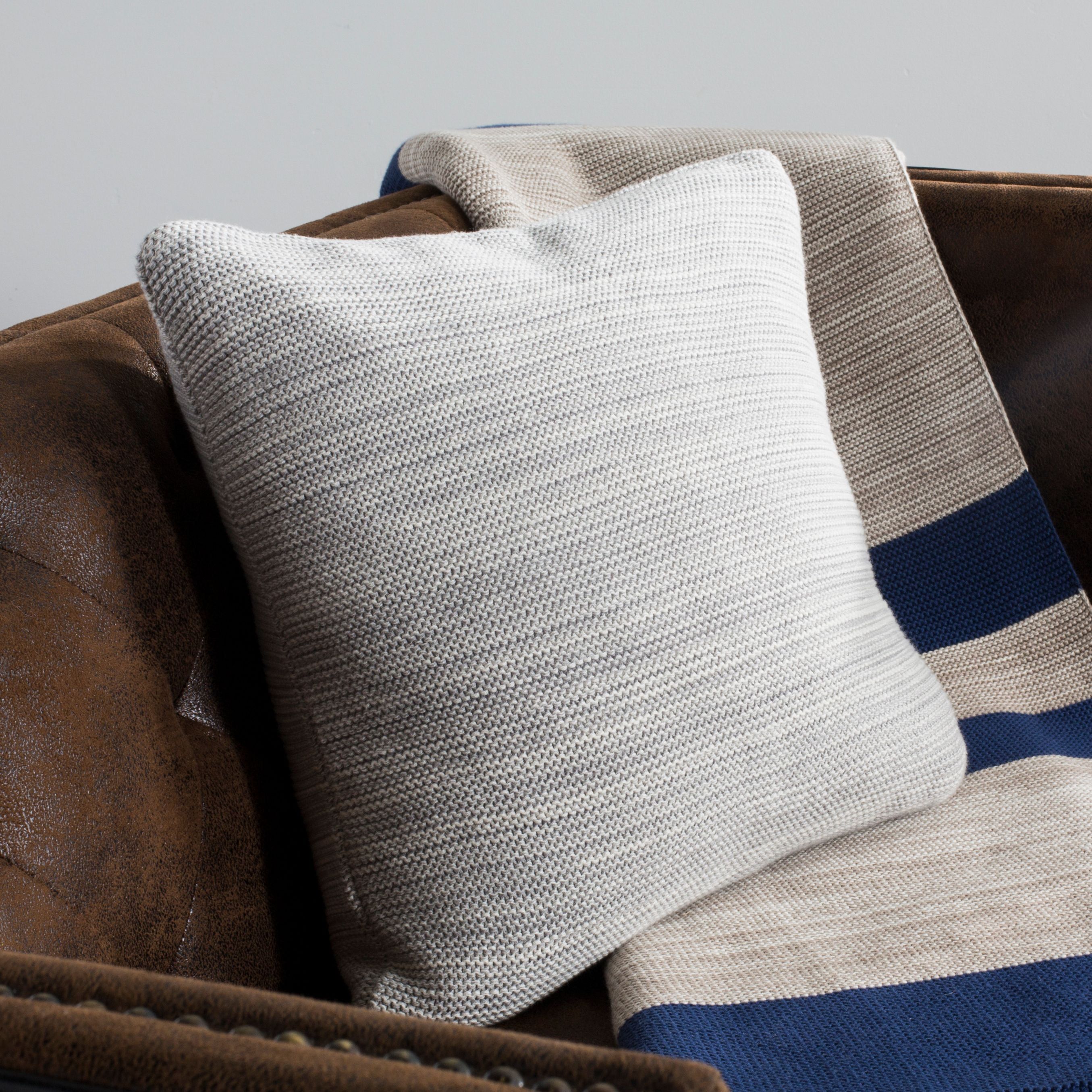 Contemporary Beige and Gray Knit Cotton Pillow, 20" x 20"