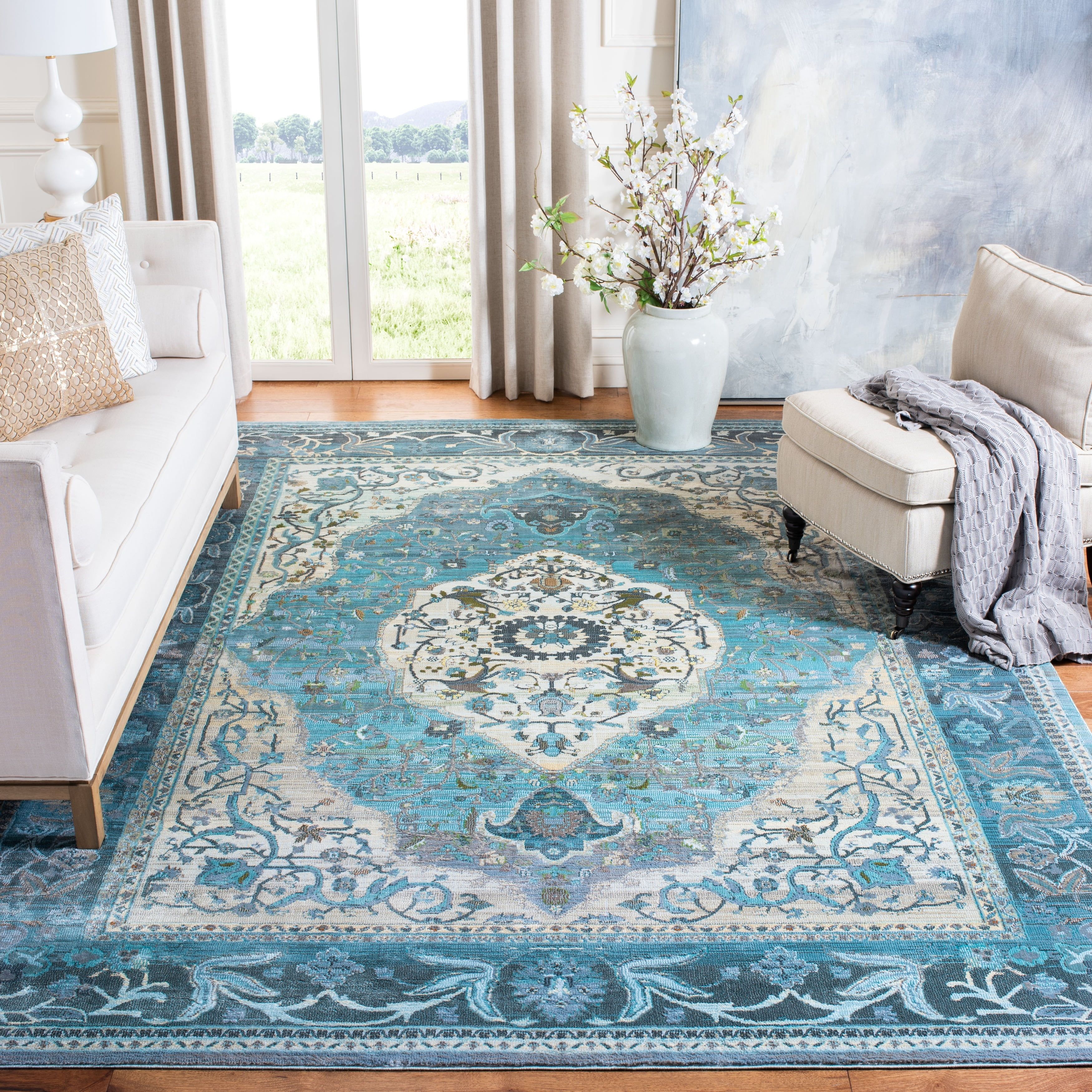 Hand-Knotted Blue and Beige Viscose 9' x 12' Area Rug