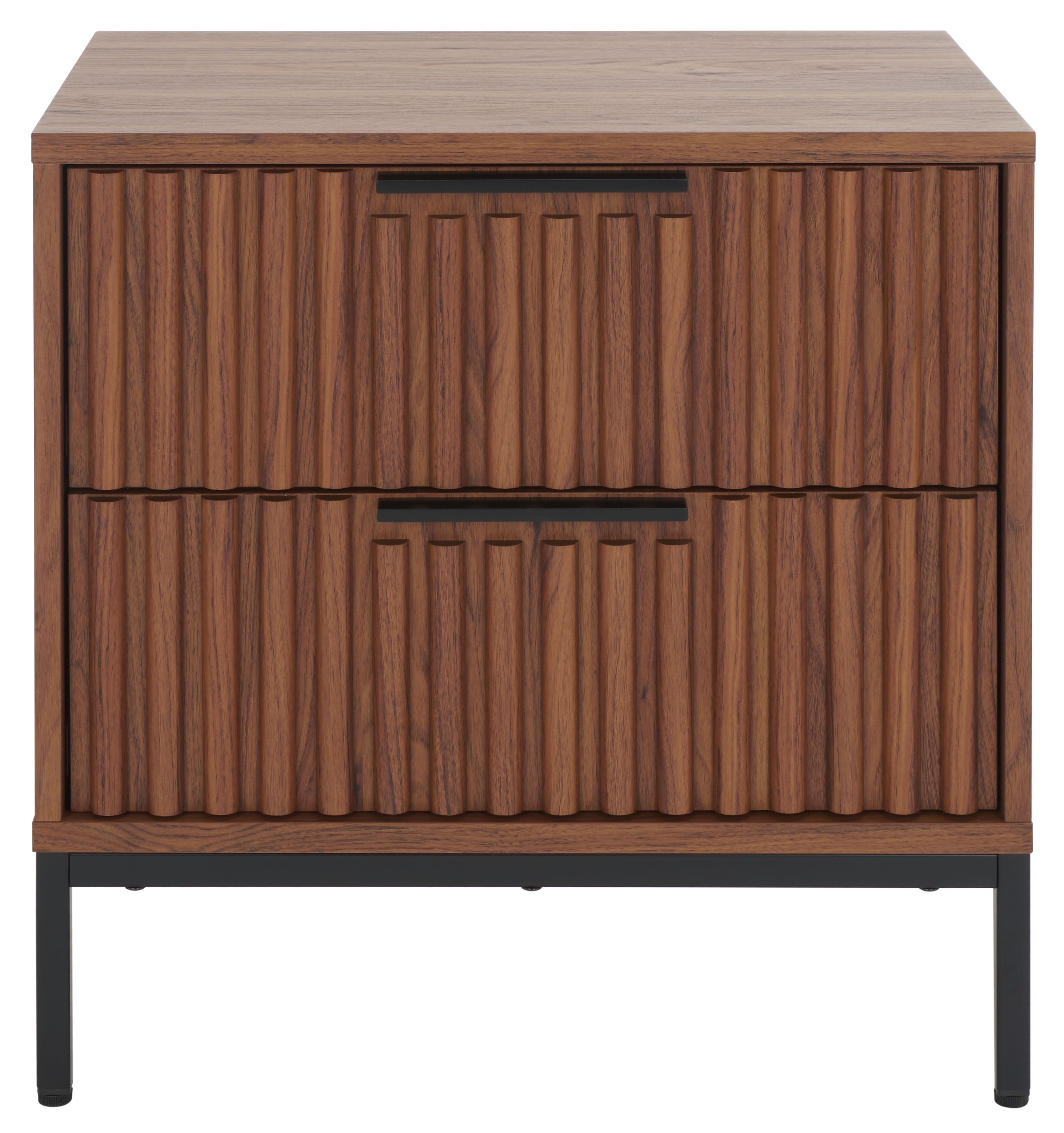 Walnut and Black Modern 2 Drawer Nightstand with Fluted Detail