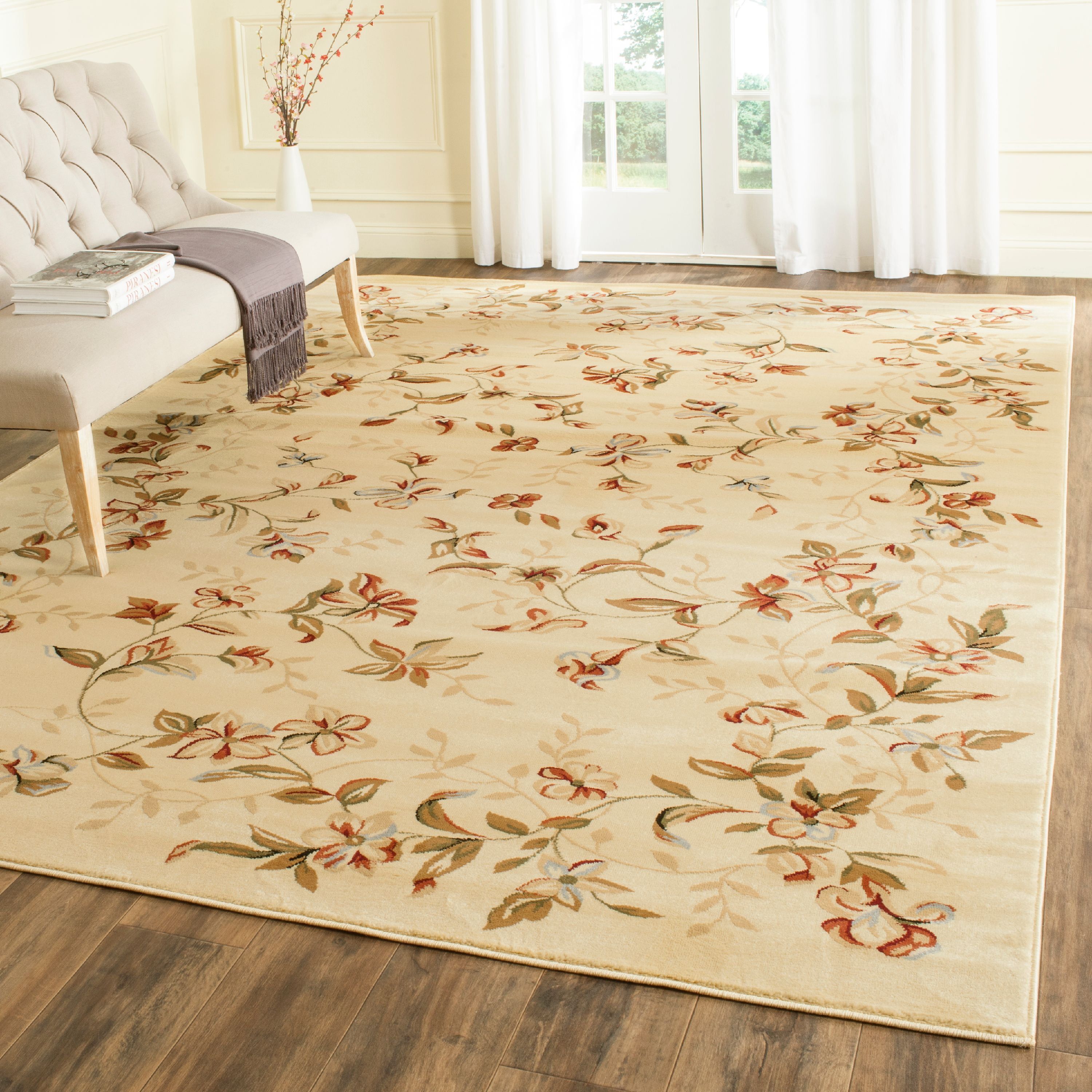 Beige and Red Floral 9' x 12' Synthetic Area Rug