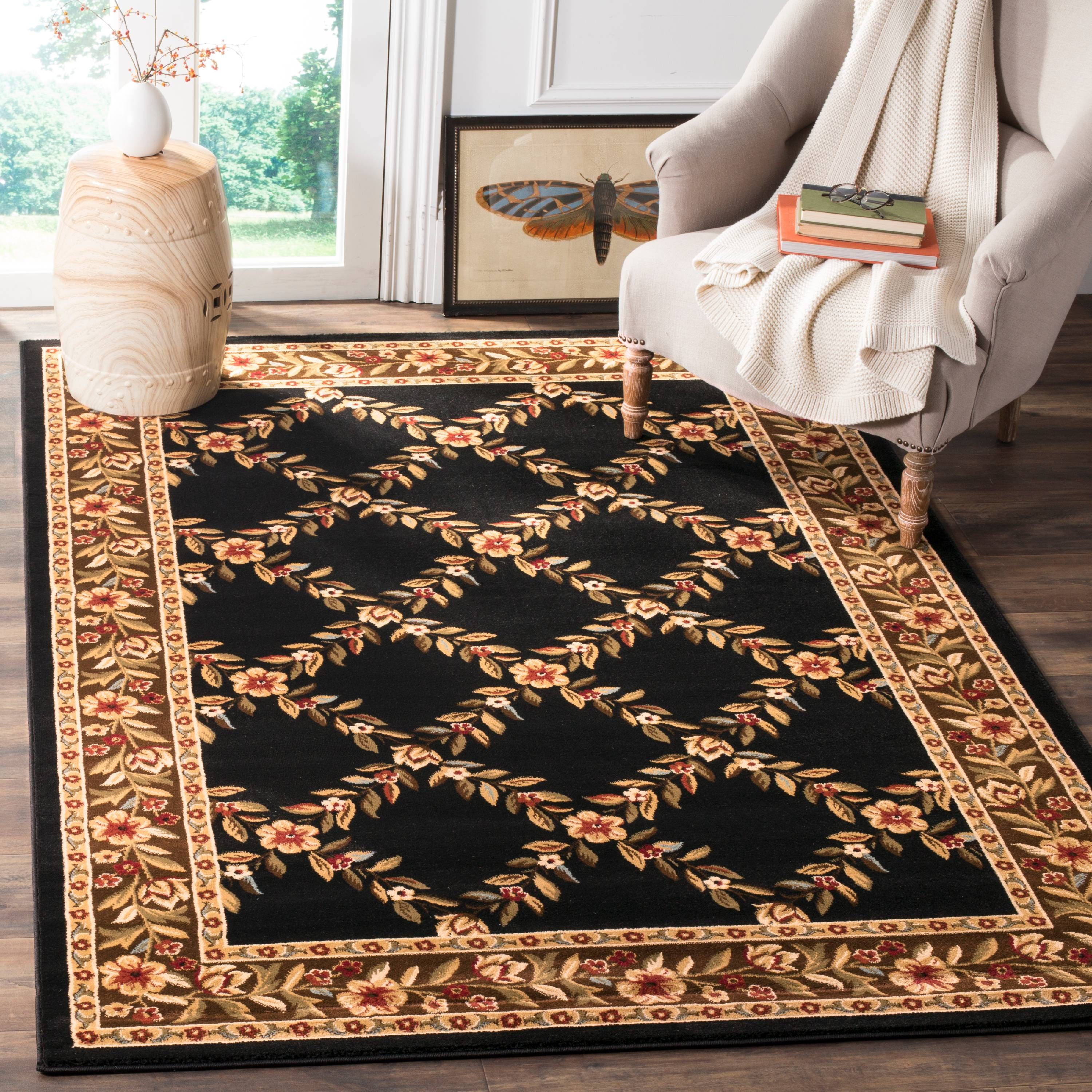 Black and Brown Floral Border 4' x 6' Synthetic Area Rug