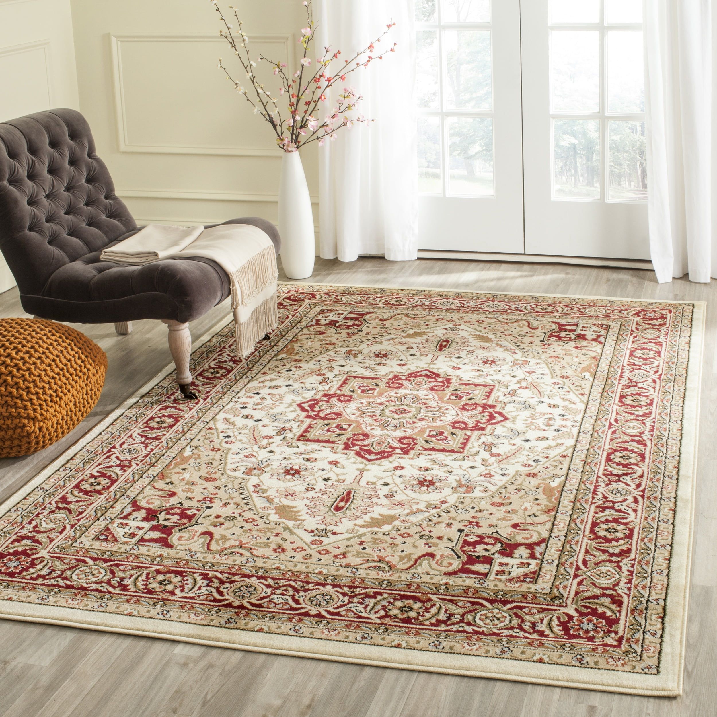 Ivory and Red Floral Synthetic 9' x 12' Area Rug