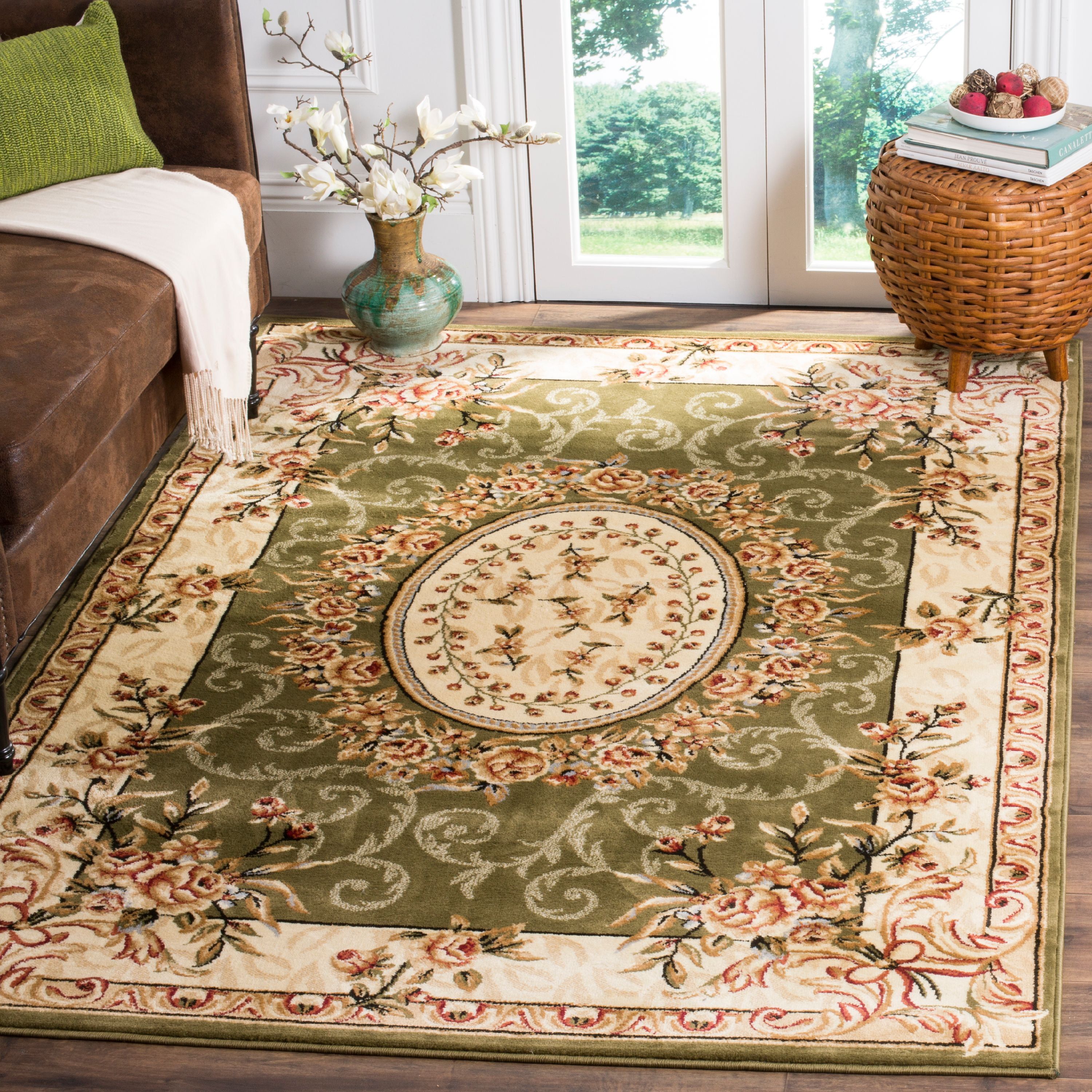 Ivory and Sage Floral Synthetic 9' x 12' Area Rug