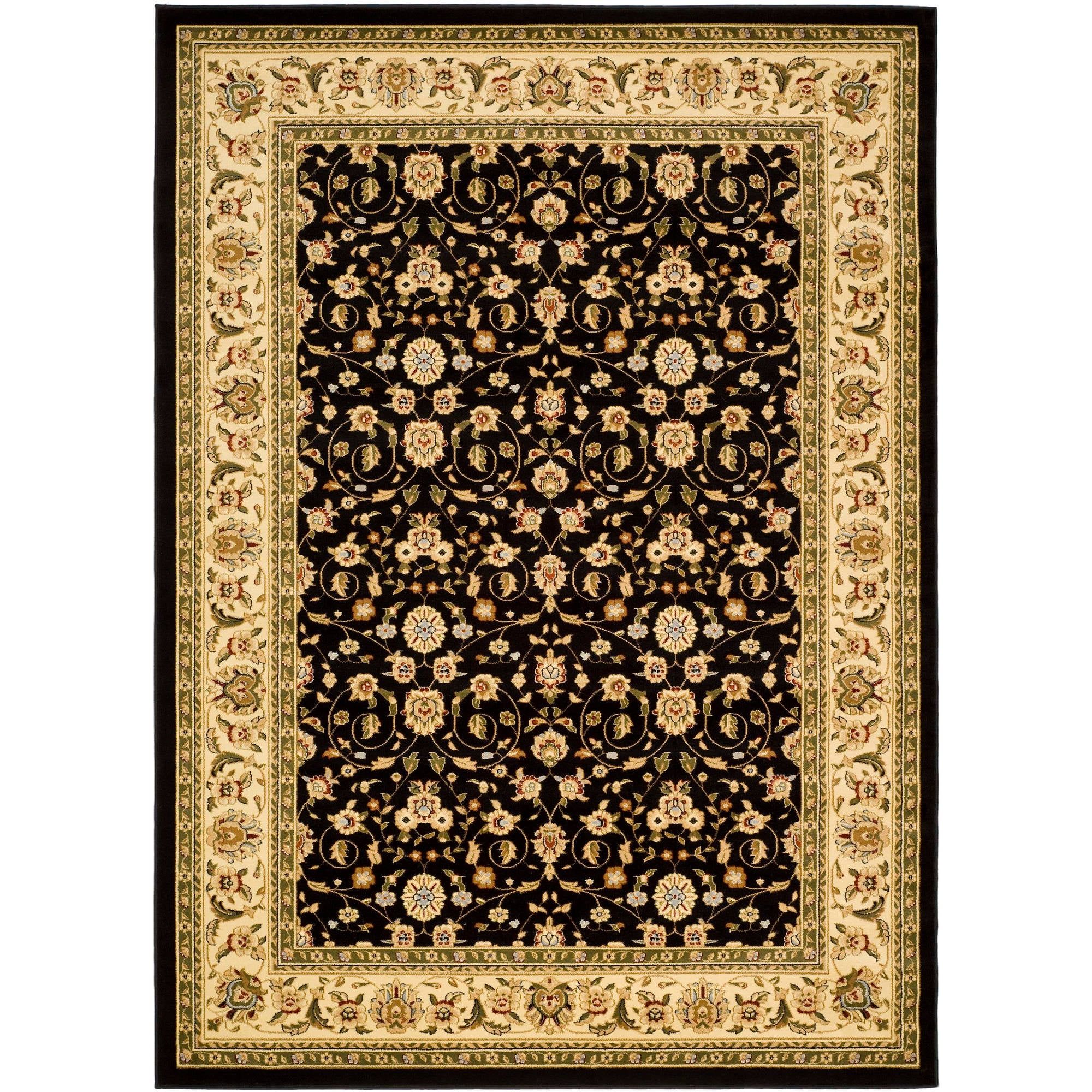 Black and Ivory Hand-Knotted Synthetic Floral Area Rug