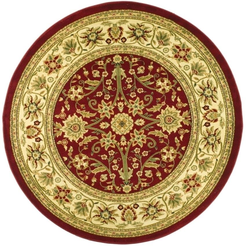 Red and Ivory Round Synthetic Floral Area Rug, 8' x 8'