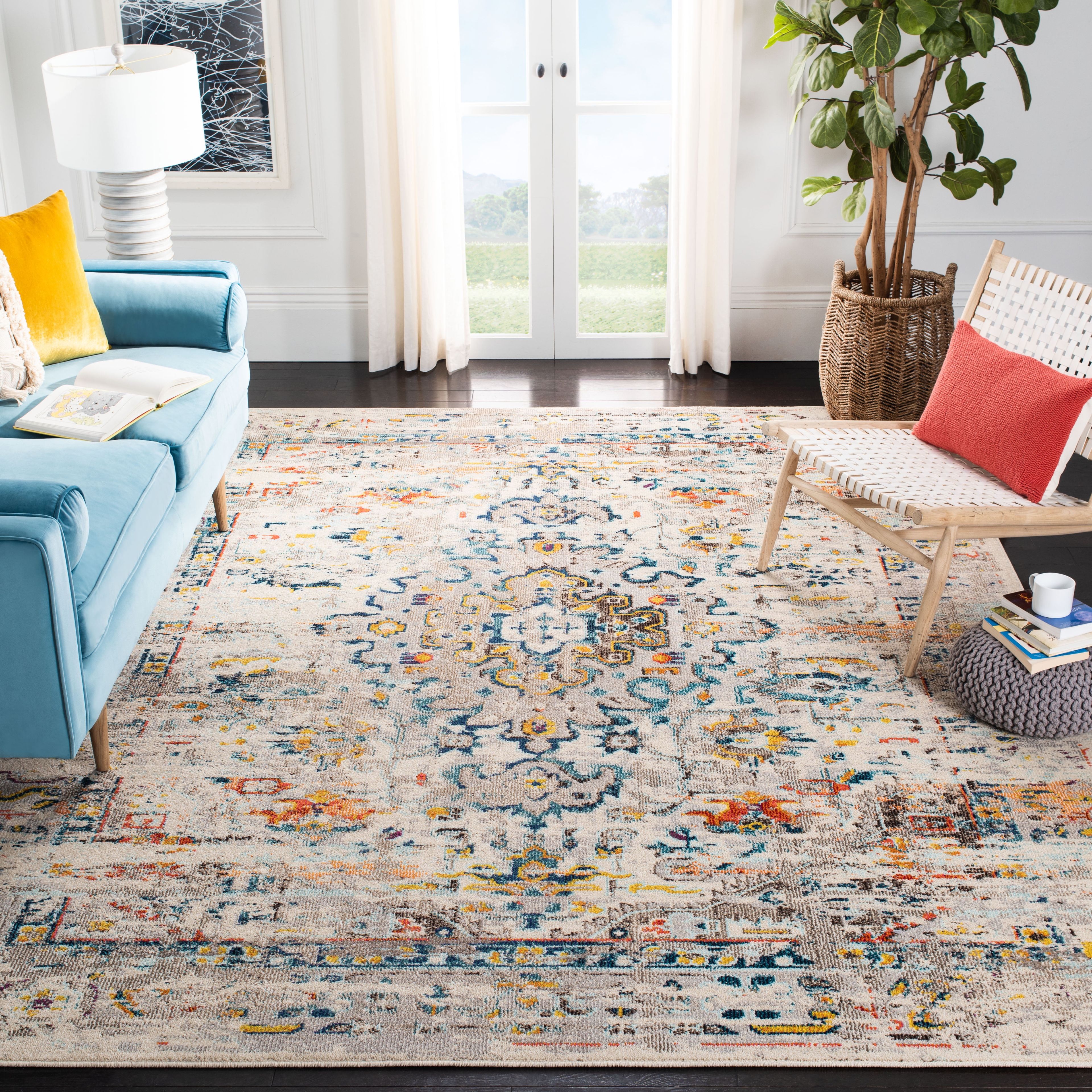 Cream and Blue 12' x 18' Synthetic Flat Woven Area Rug