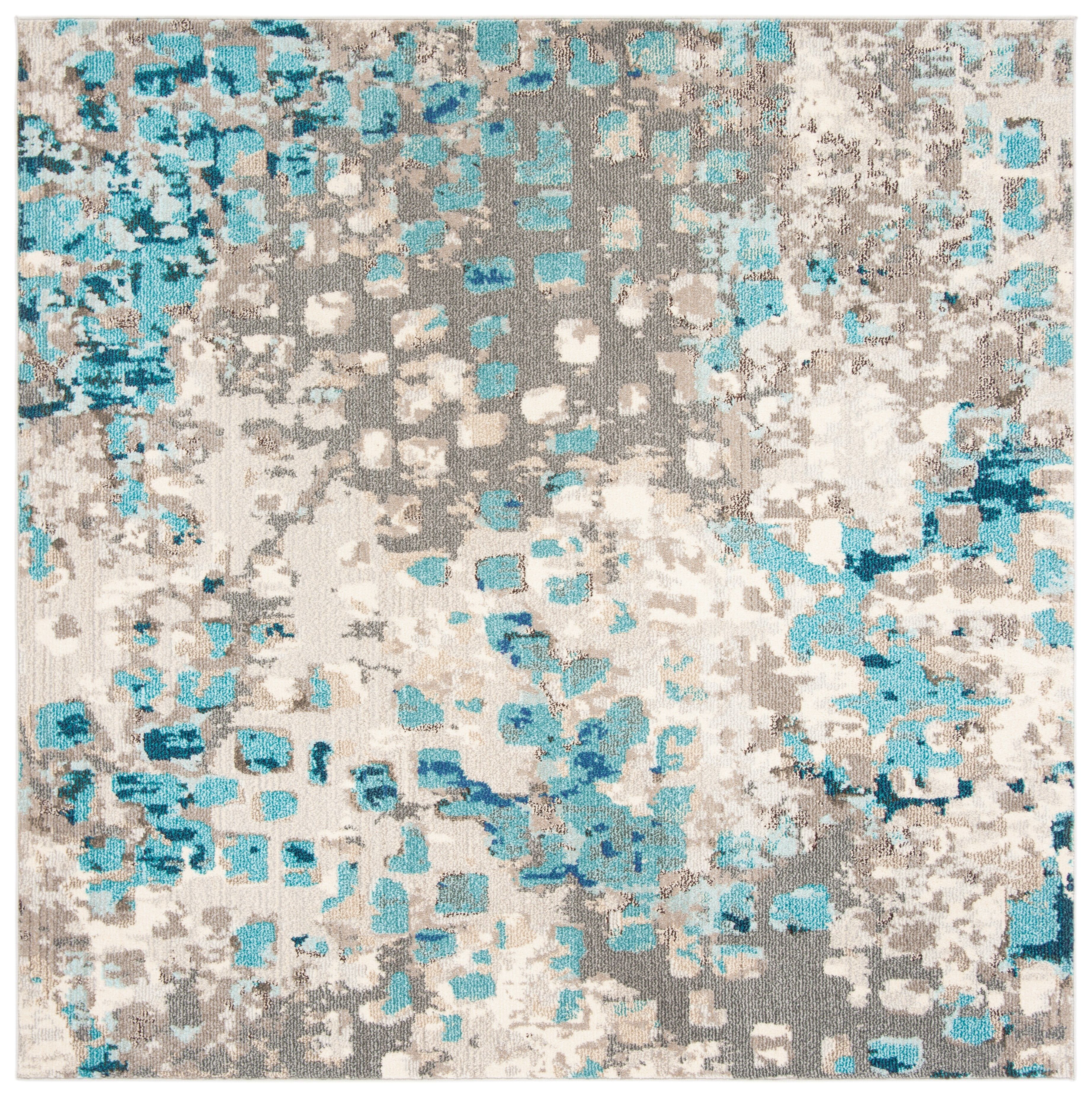 Grey and Blue Abstract Synthetic Square Area Rug, 12' x 12'