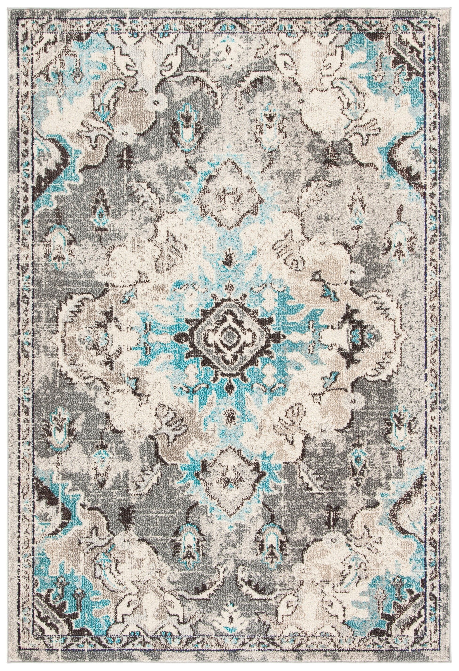 Gray and Light Blue Rectangular Synthetic Area Rug