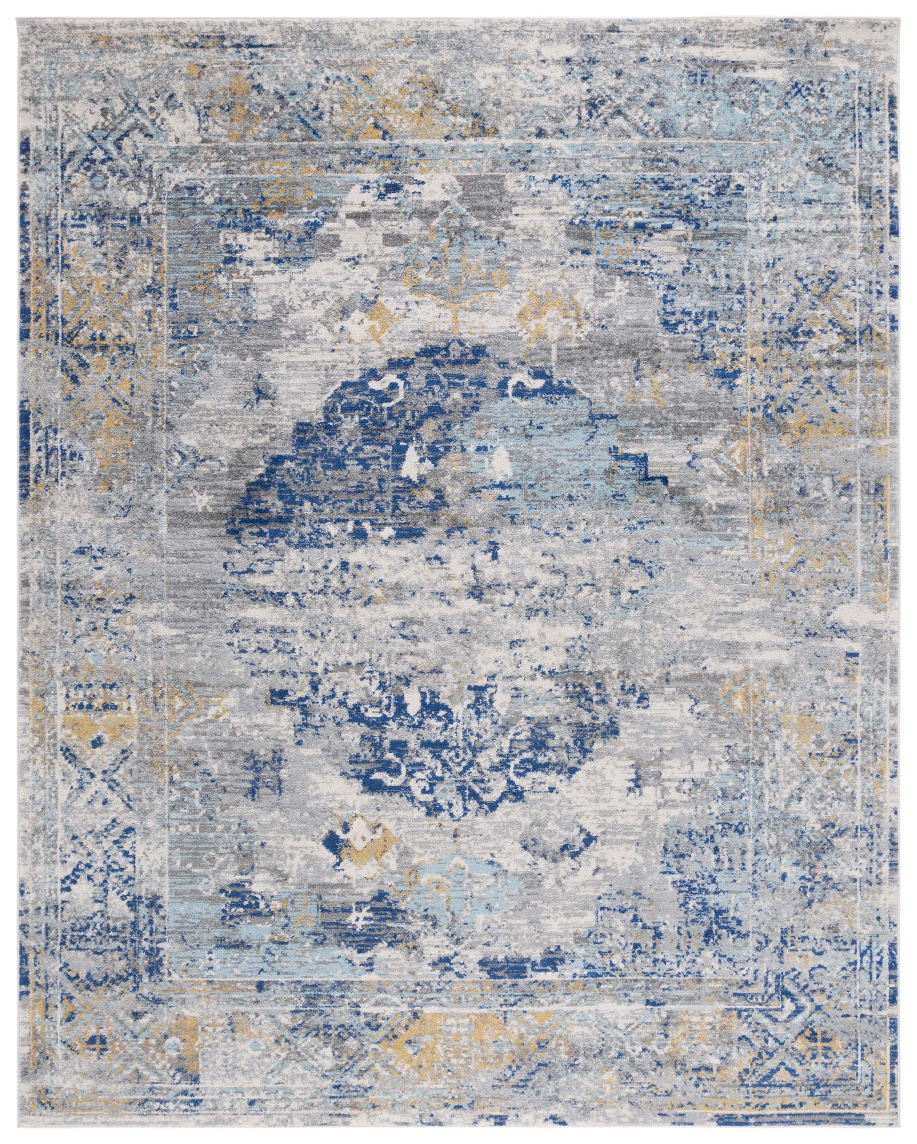 Blue and Gray Floral Motif Synthetic 9' x 12' Area Rug