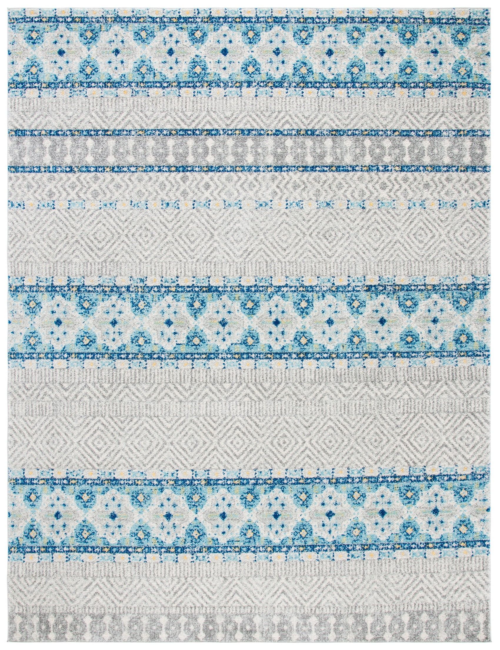 Rectangular 10' x 14' Grey and Turquoise Synthetic Area Rug