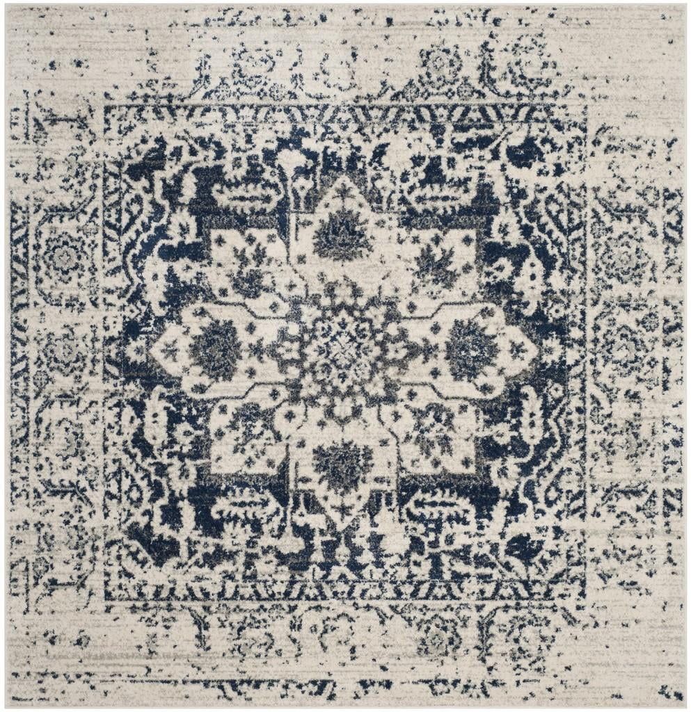 Ivory and Navy Square Cotton Synthetic Area Rug, 11' x 11'